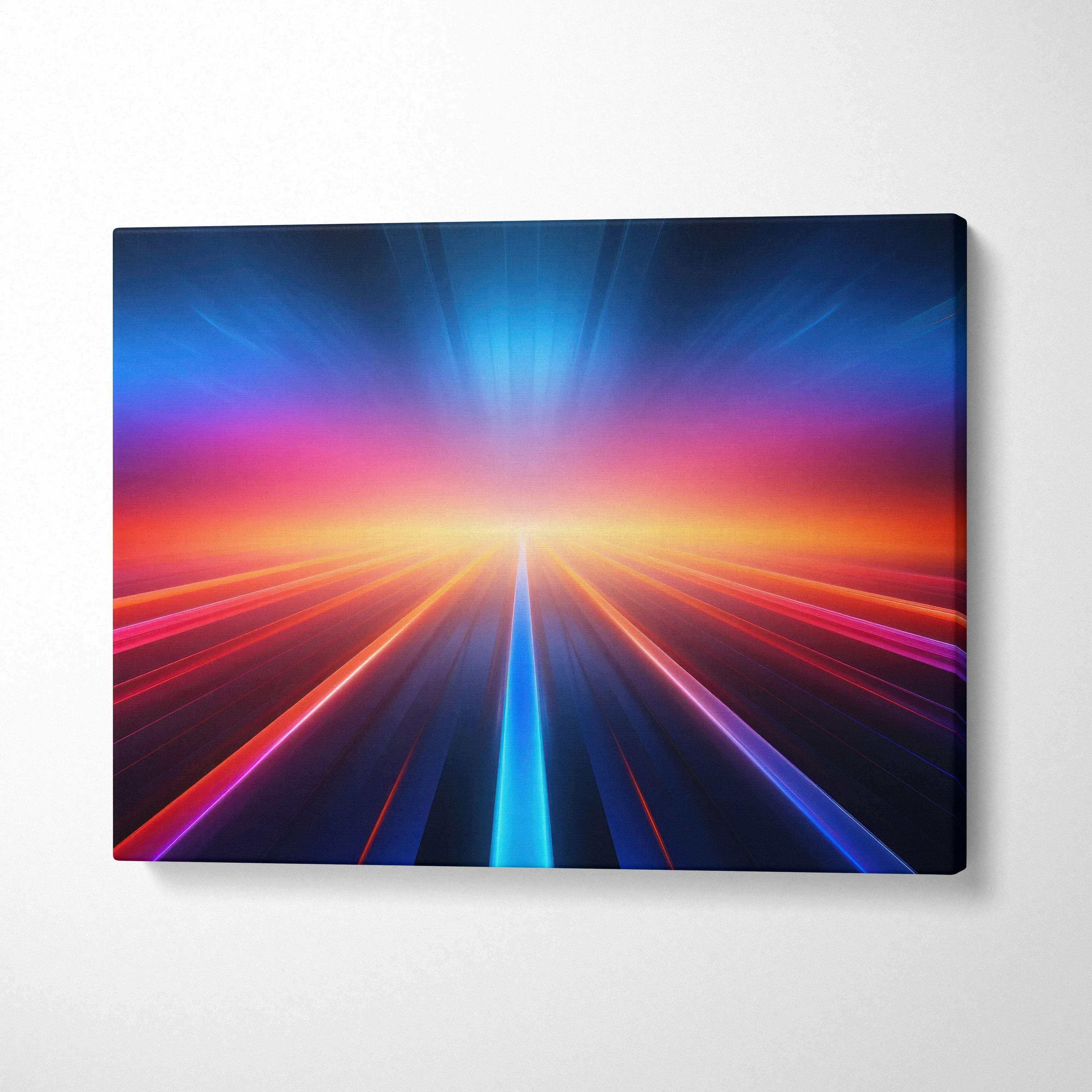 Vibrant abstract digital canvas wall art with radiant blue, pink, and orange light streaks on black background.
