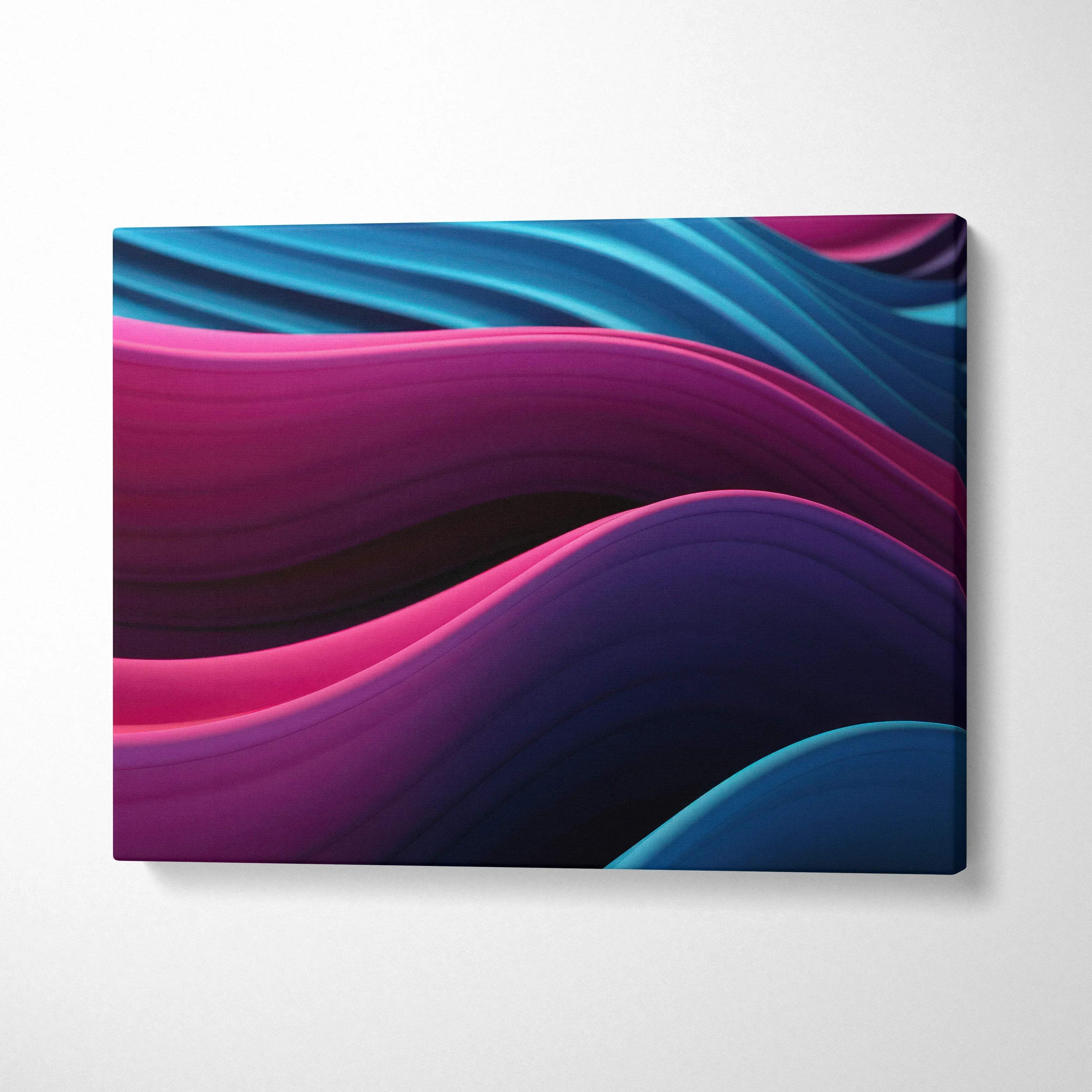 Abstract digital canvas art with flowing waves in shades of blue, purple, and pink wall art.