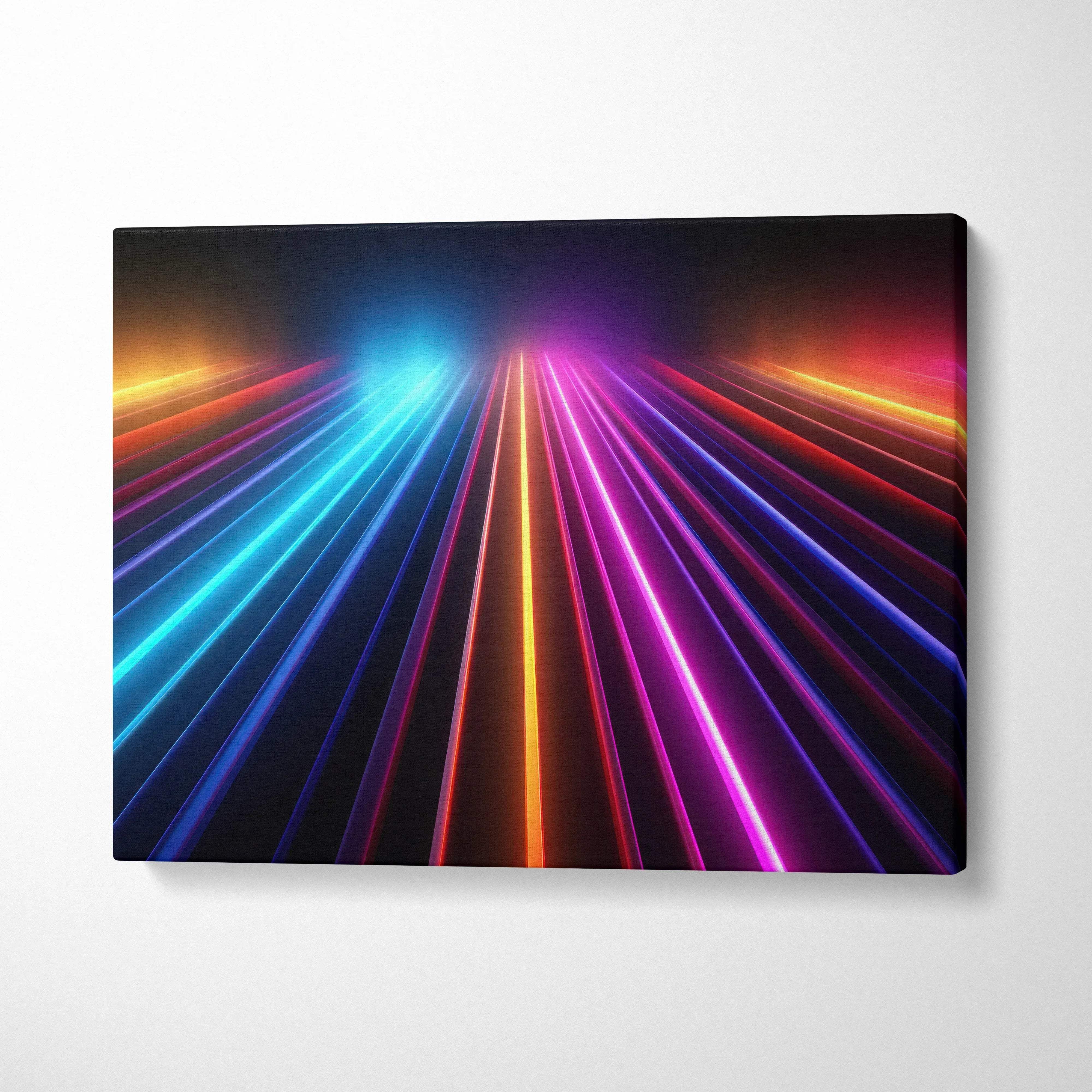 Abstract modern digital art canvas with vibrant neon lines in blue, pink, and orange tones on black wall art background.