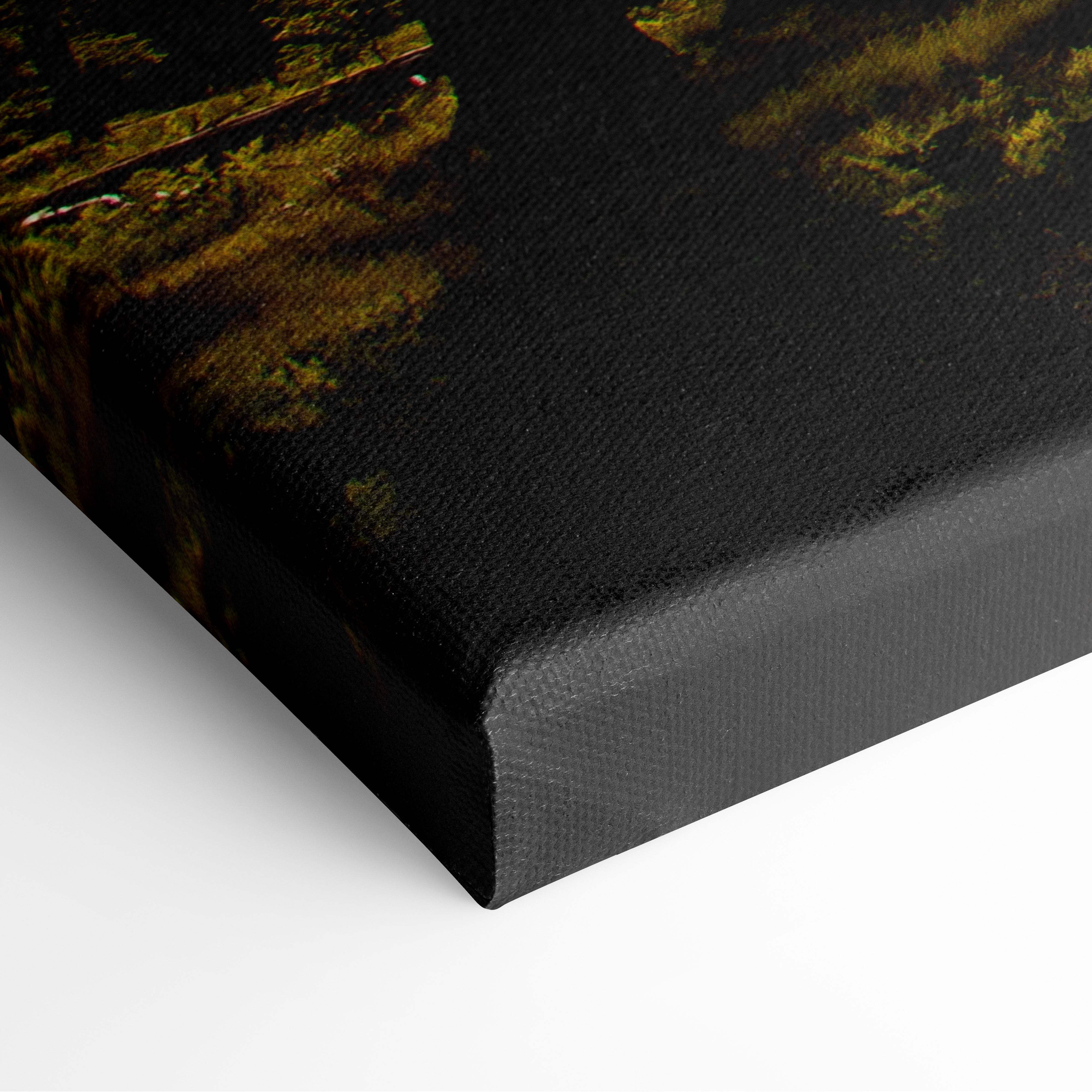 Black canvas print with textured surface featuring golden sunlit yosemite cliff landscape in warm earthy tones