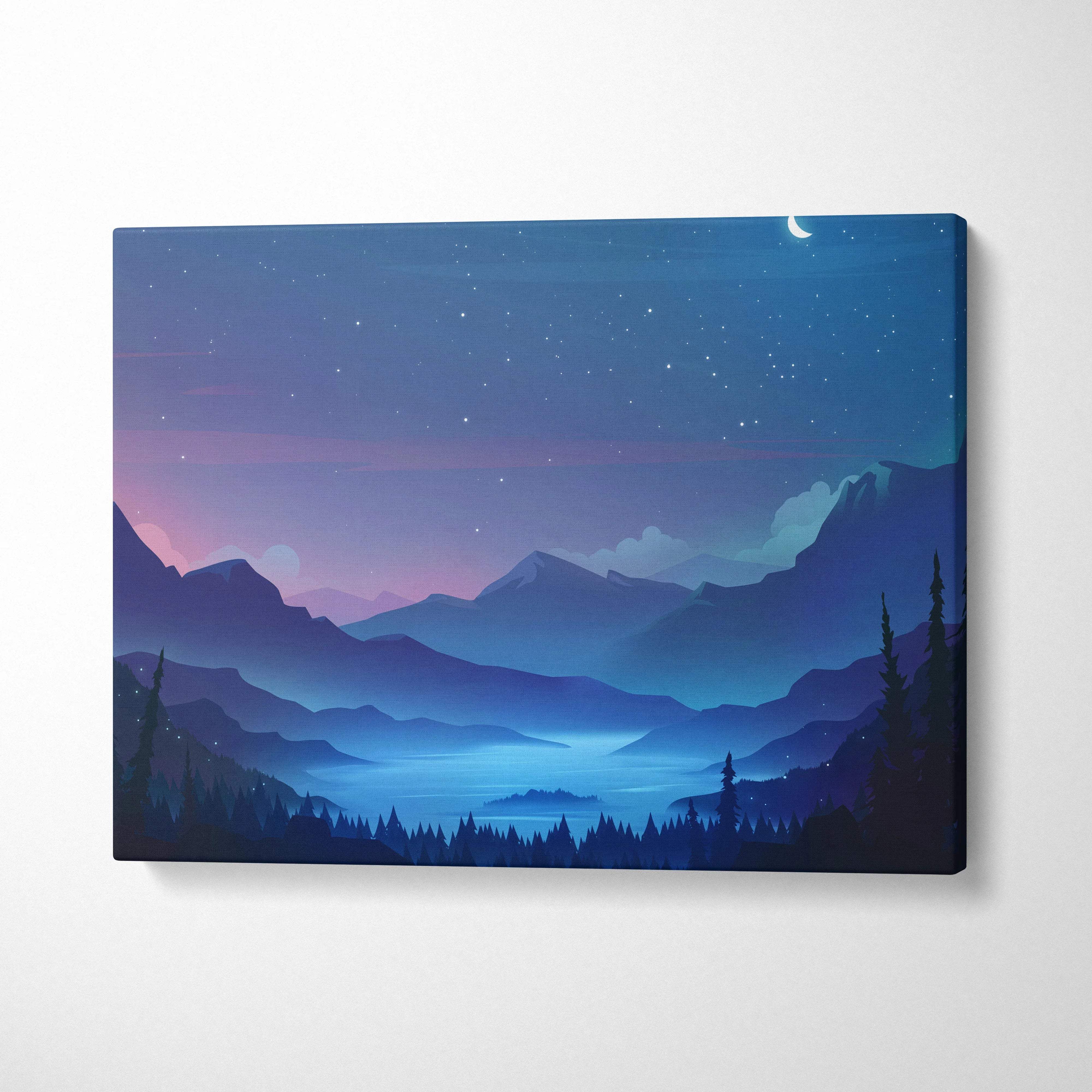 Flat vector moonlit mountain valley canvas print with glowing lake and pine silhouettes in blues