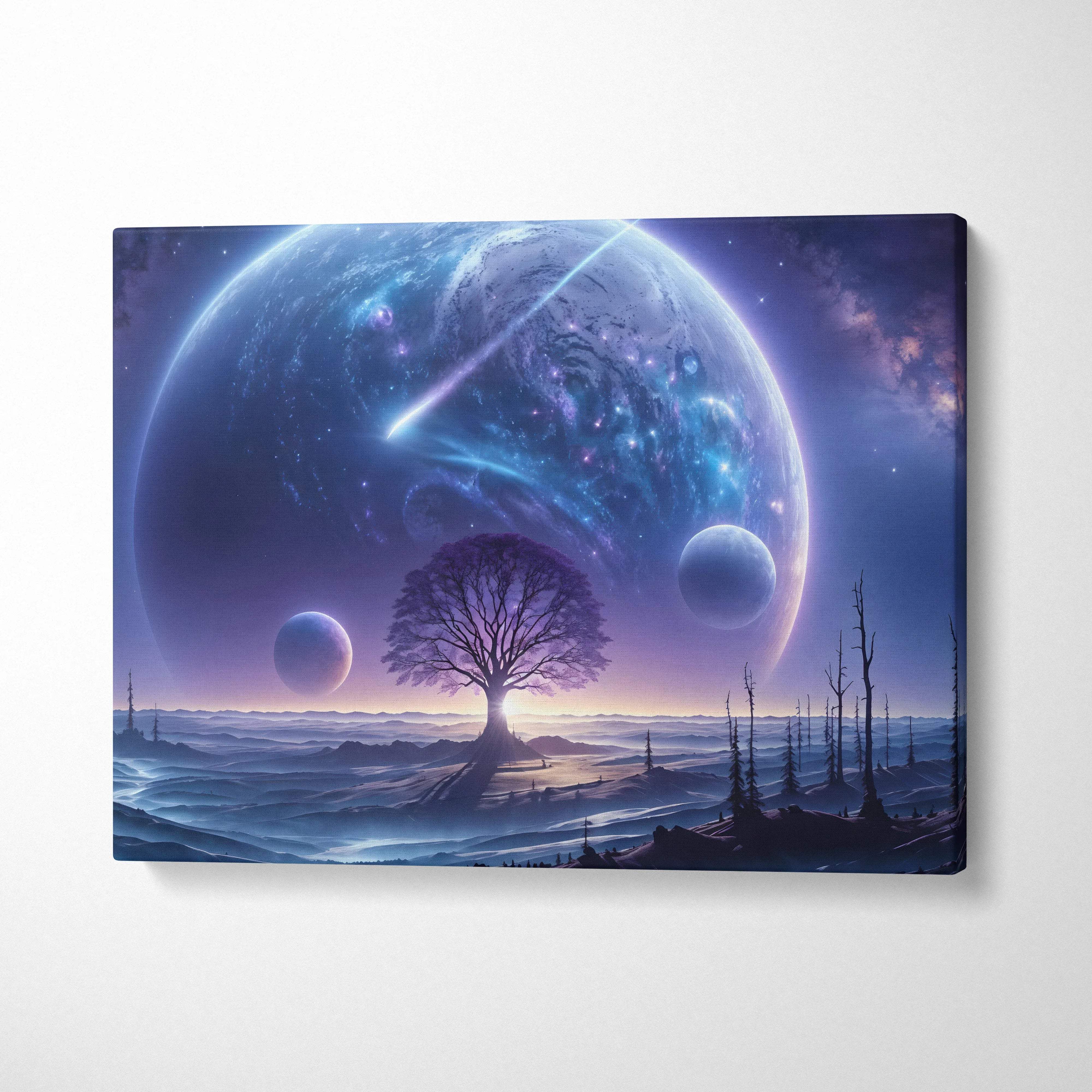 Surreal cosmic canvas print of lone tree on alien plains under massive blue purple planet