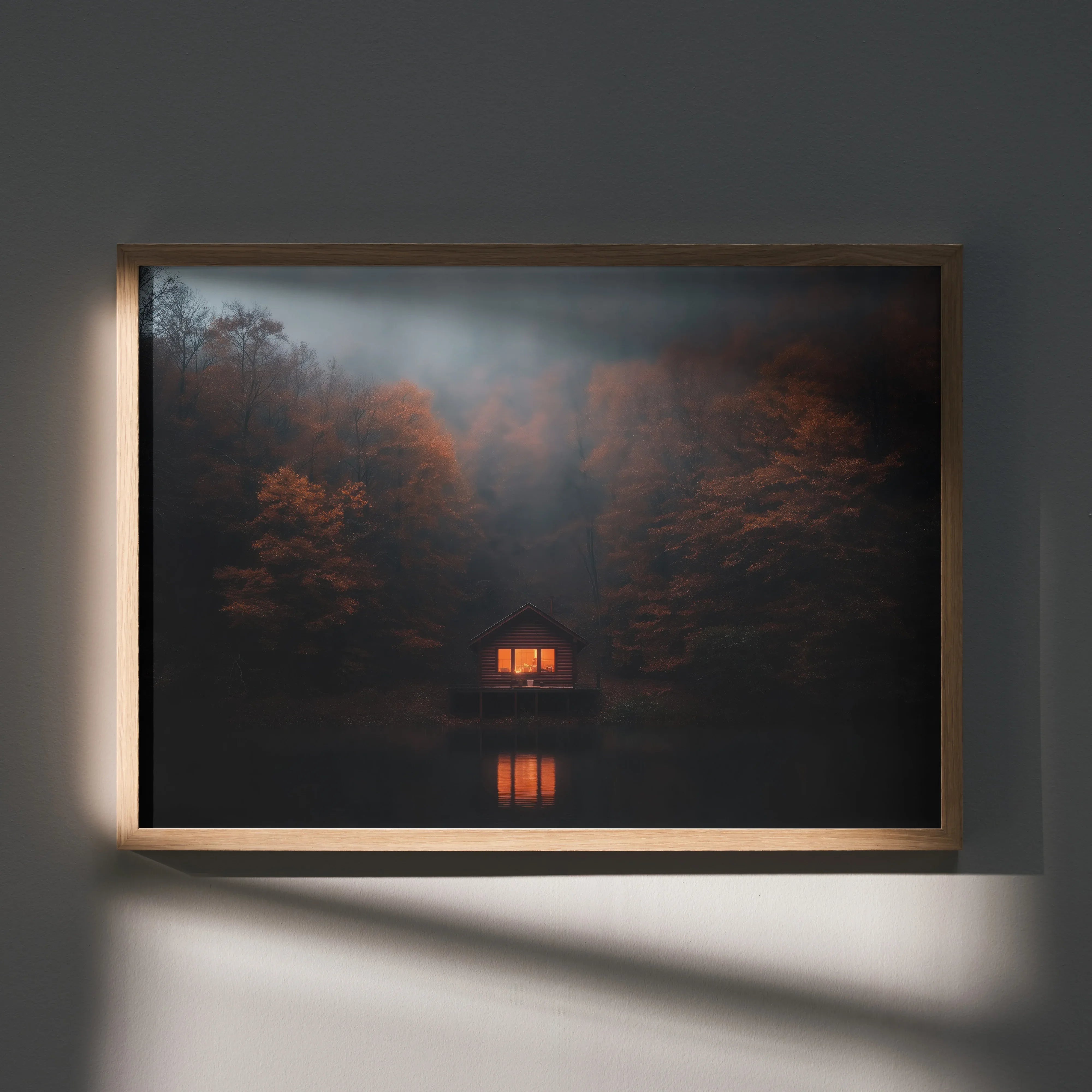 Vibrant autumn forest digital art poster with glowing cabin reflected in water, framed wall art.