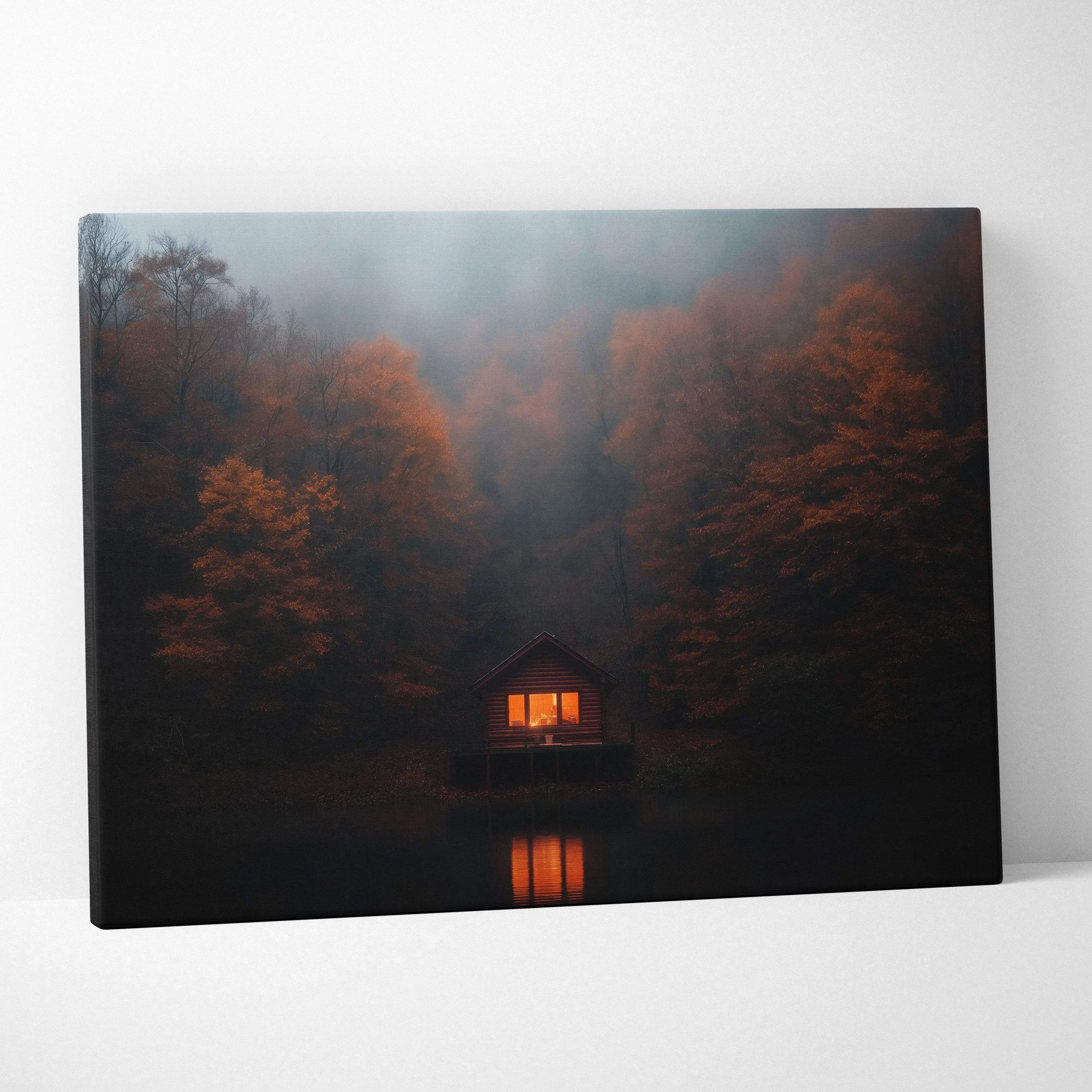 A canvas print of a cozy log cabin with warm light surrounded by misty autumn trees reflected in still lake water