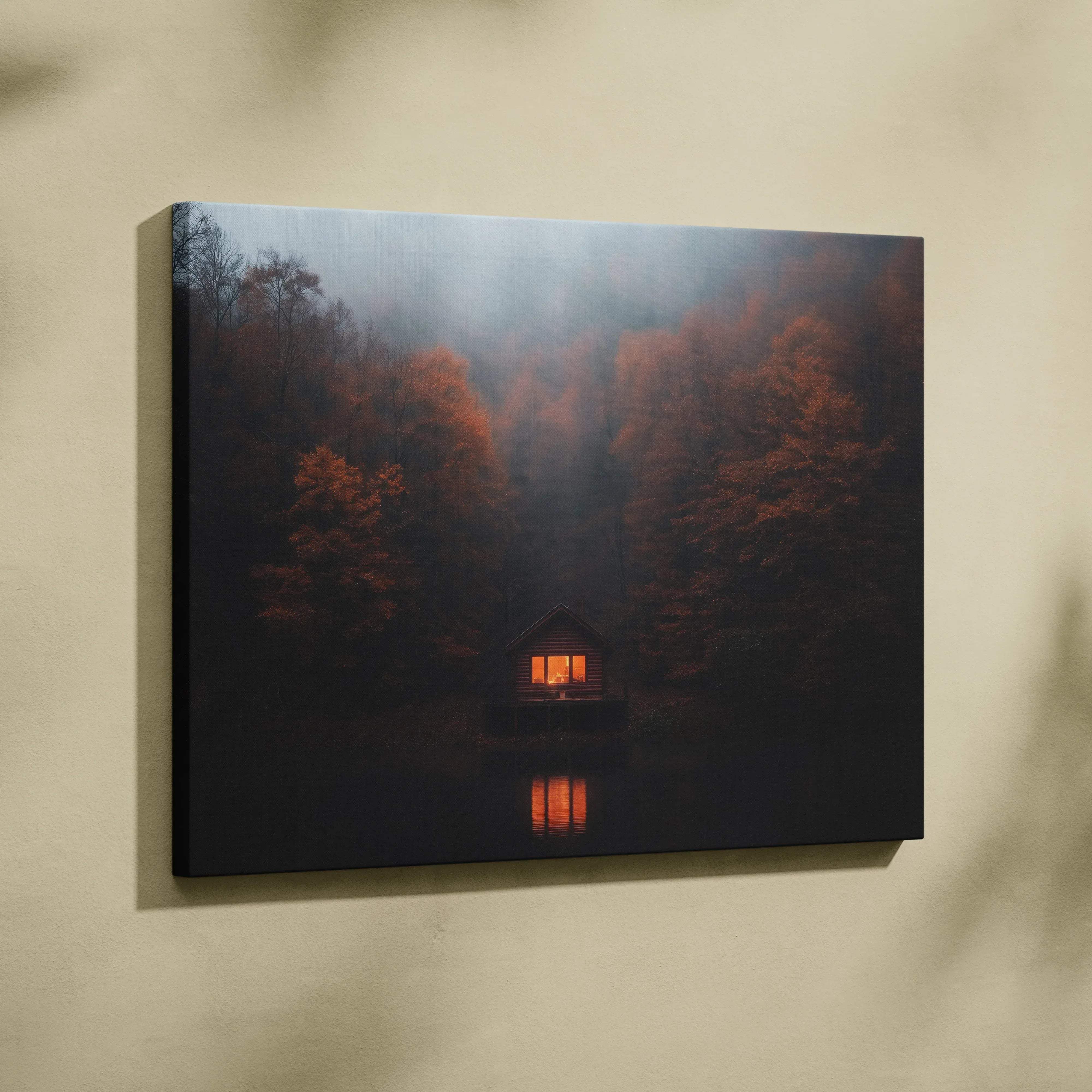Rectangular canvas wall art of a cozy cabin in golden mist autumn woods with reflective lake below in warm tones