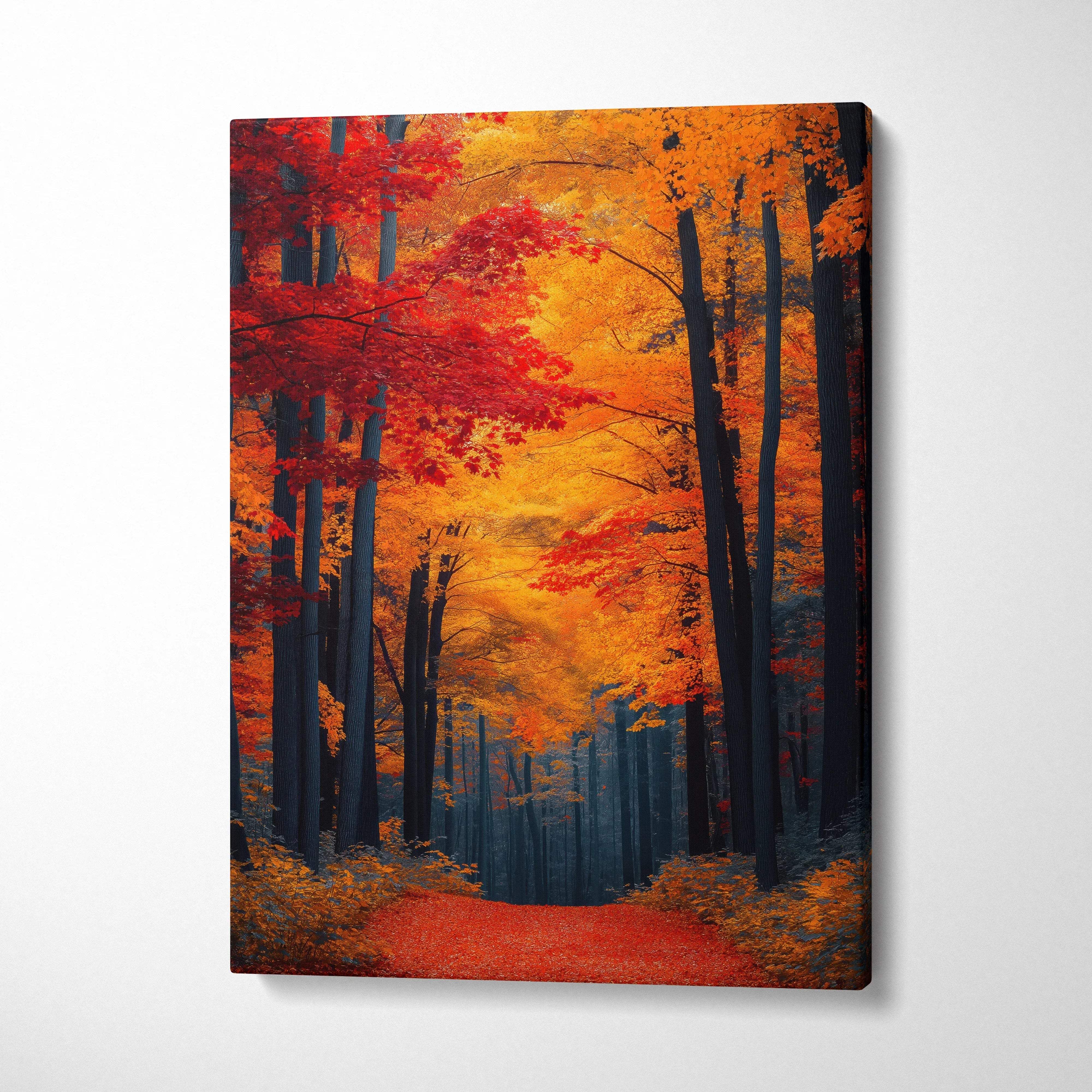 Autumn forest path with vibrant red and orange leaves on canvas wall art print.