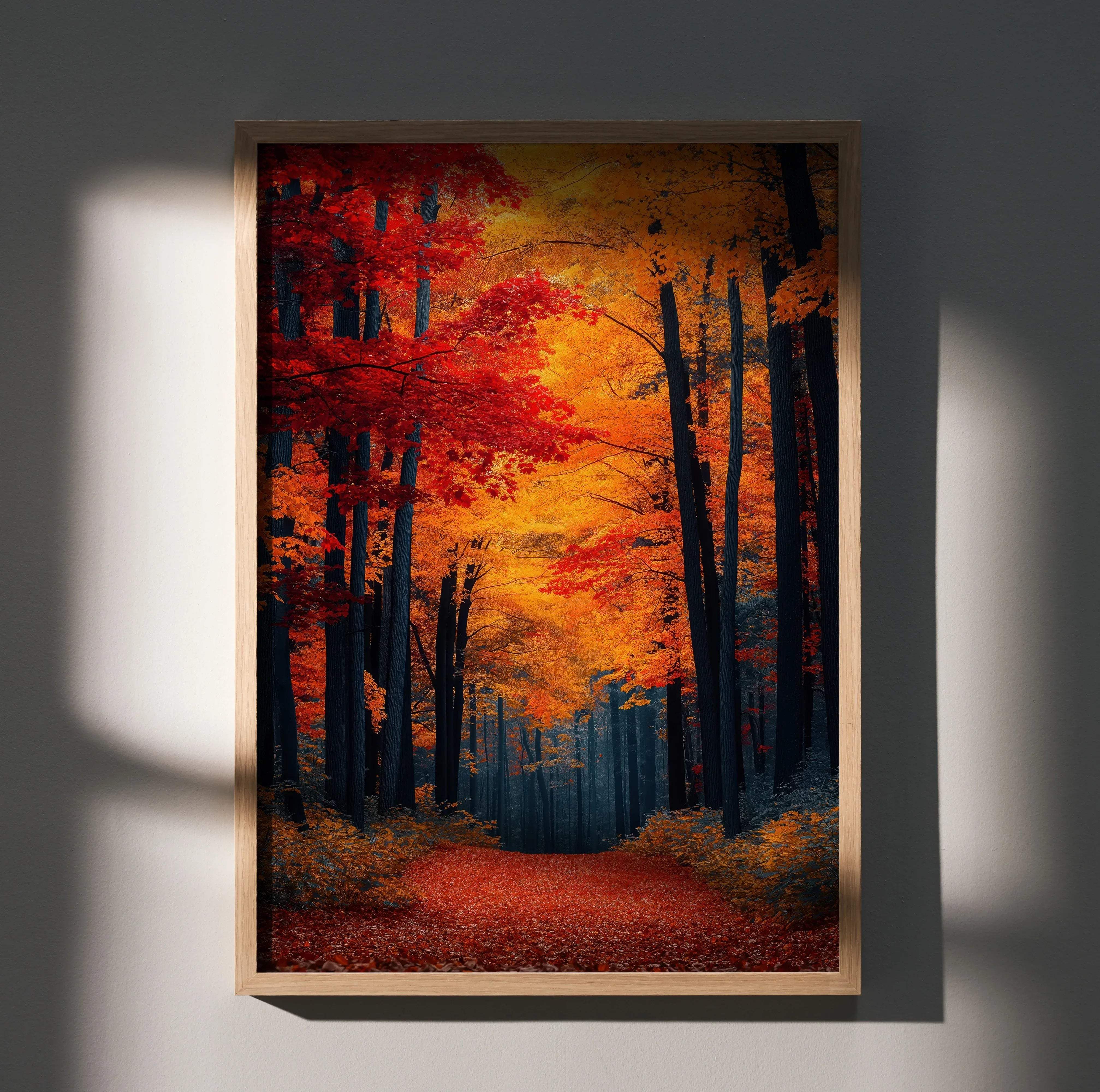 A vibrant autumn forest digital art wall poster with red and orange foliage in a light wood frame vertical print