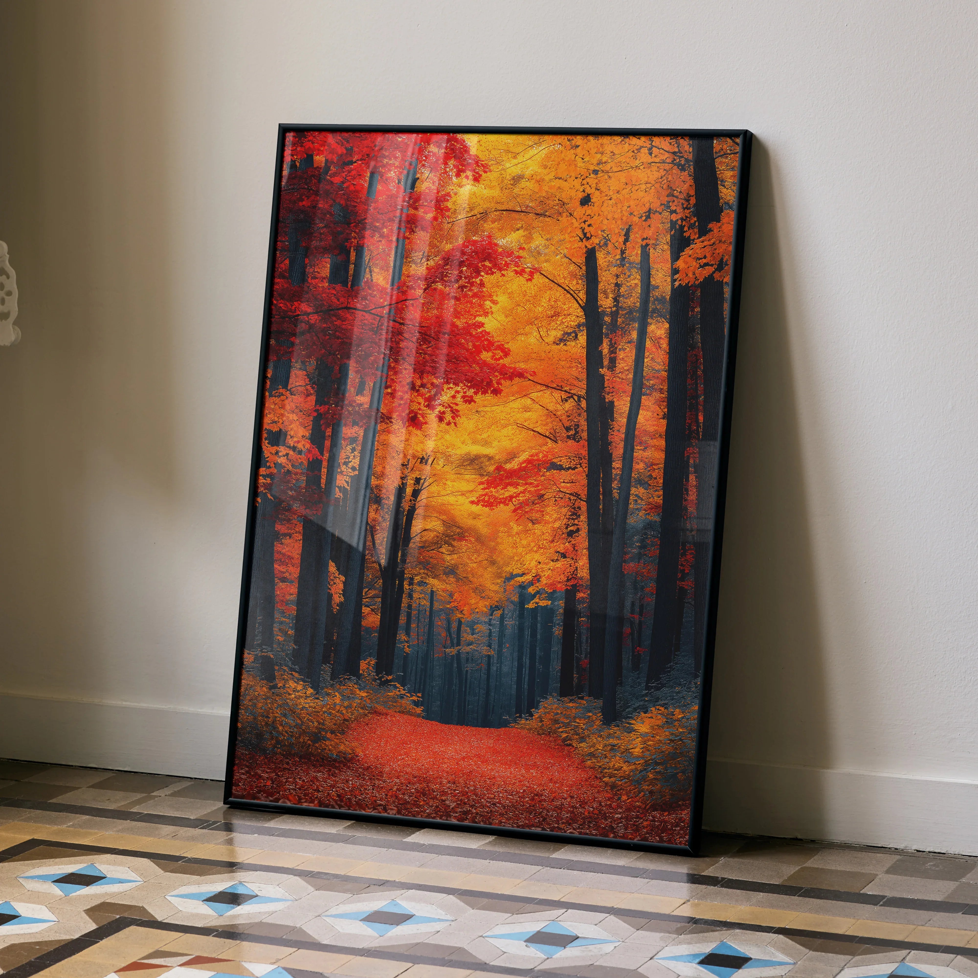 Vibrant autumn forest digital art poster with fiery orange and red leaves, black tree silhouettes wall art.
