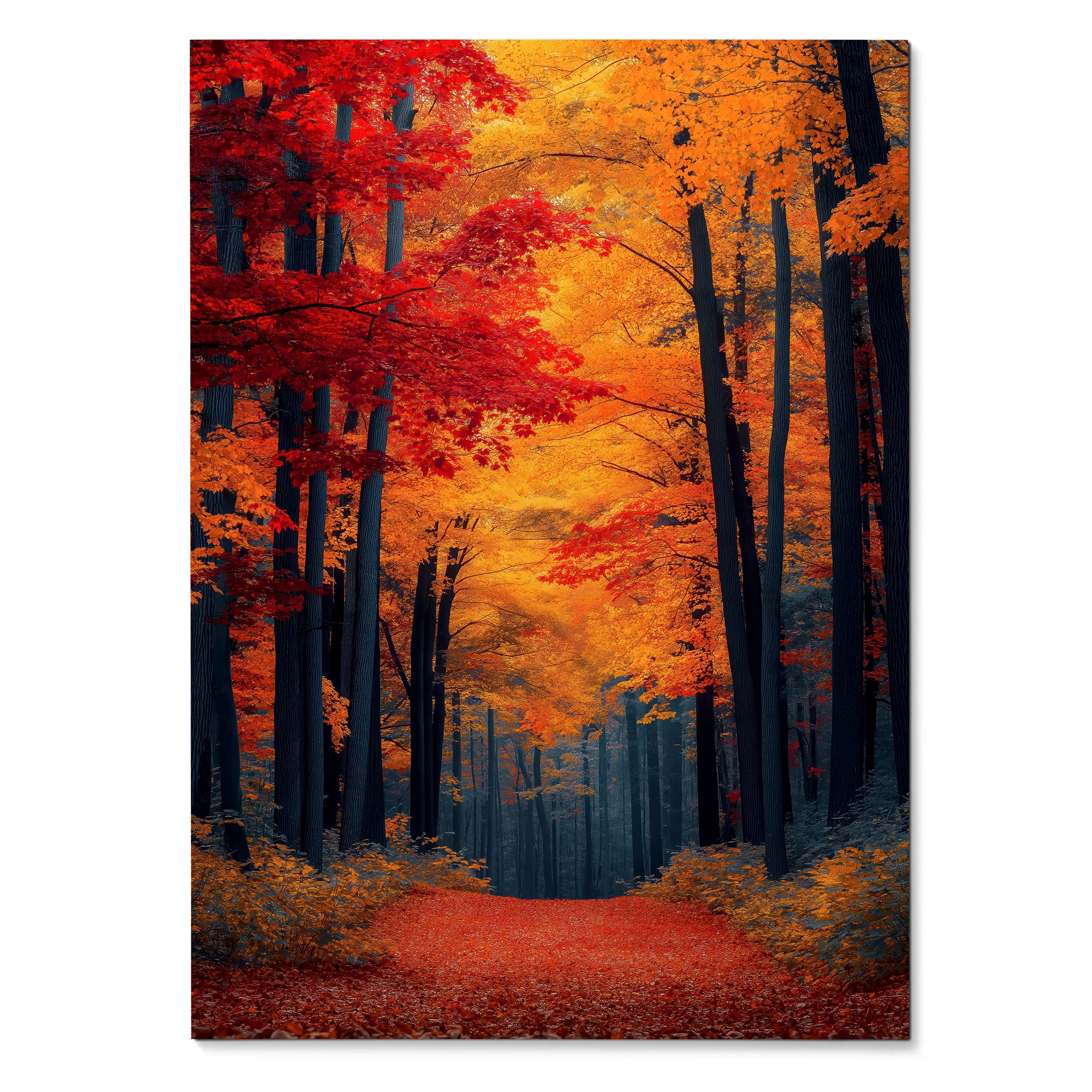 Vibrant autumn forest digital art poster with red and orange leaves and a pathway, vertical wall art.
