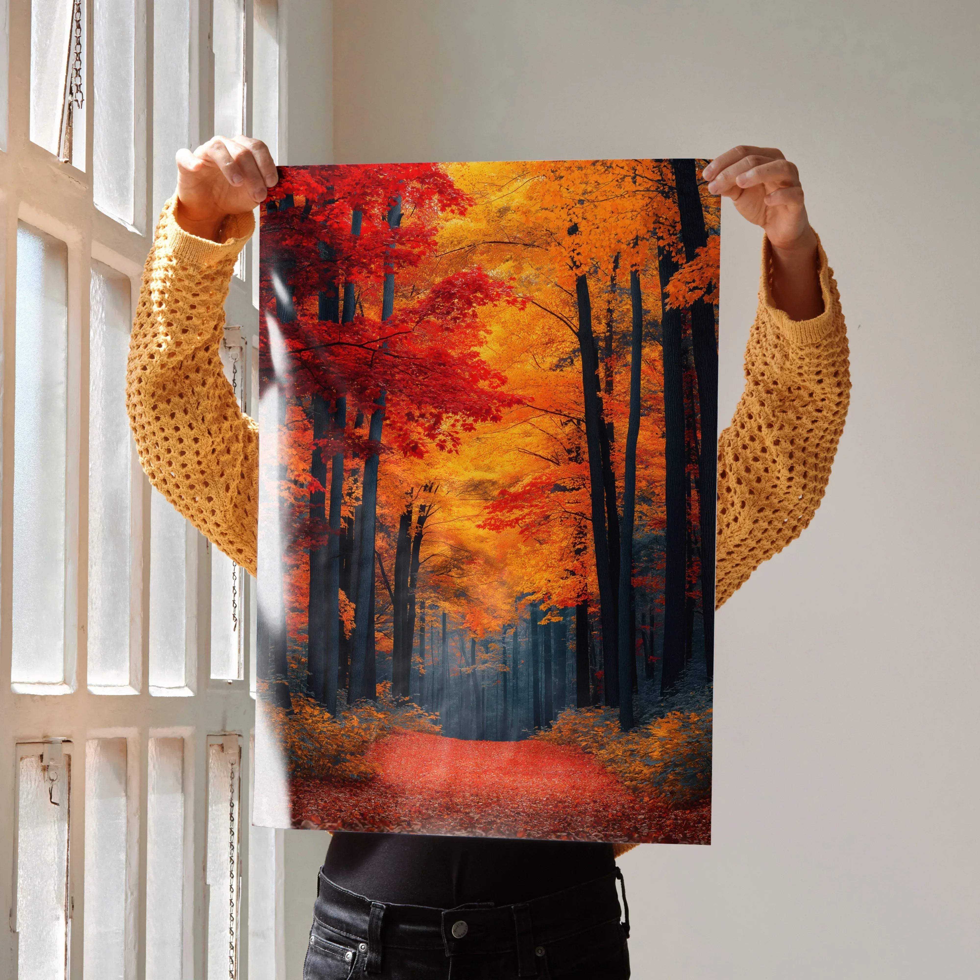 Vibrant autumn forest digital art wall poster featuring fiery red and golden orange leaves with a glowing path