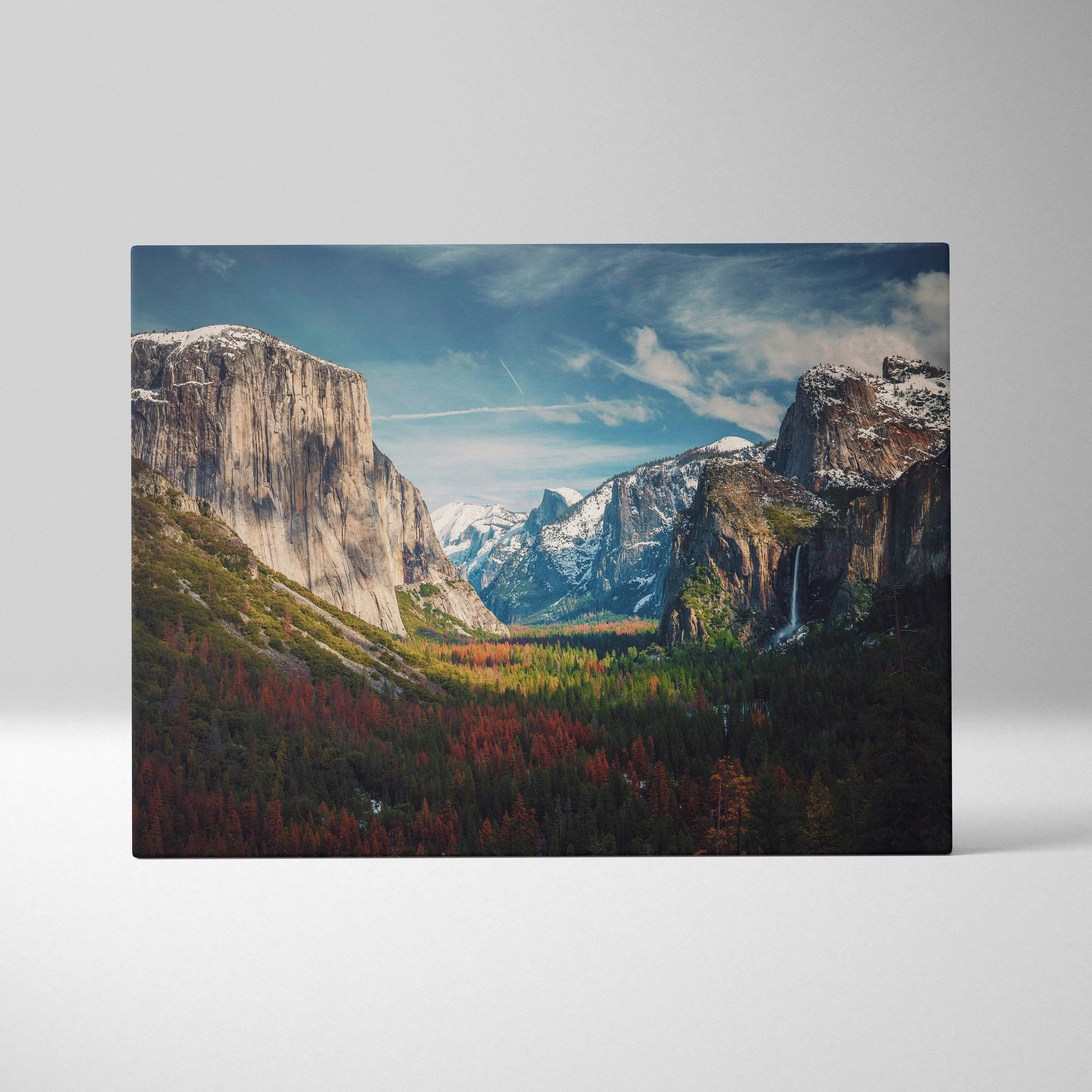 Rectangular canvas print of yosemite valley mountain landscape with snow-capped peaks autumn forests and waterfall decor