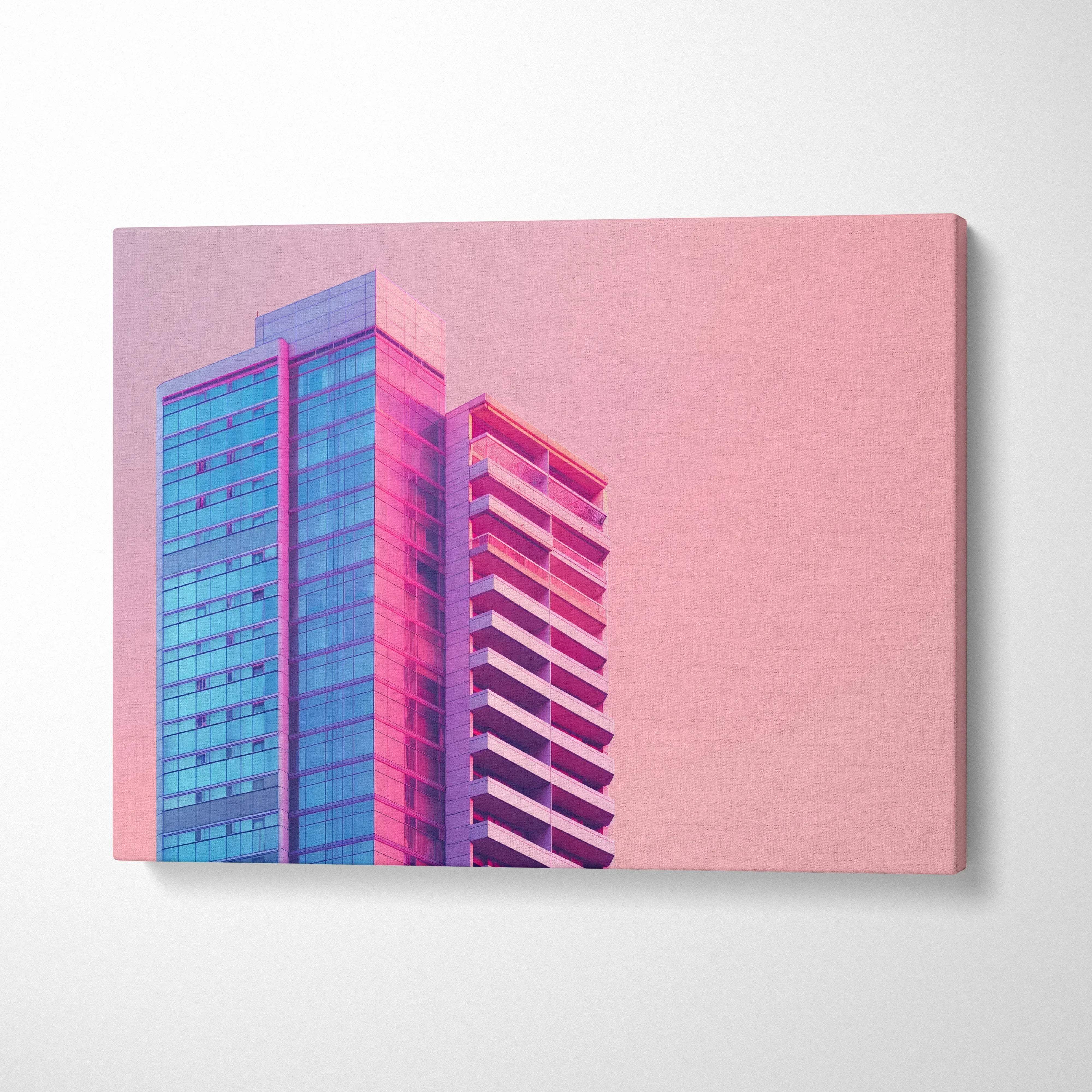 Modern architecture canvas wall art featuring blue and pink building against a soft pink background.