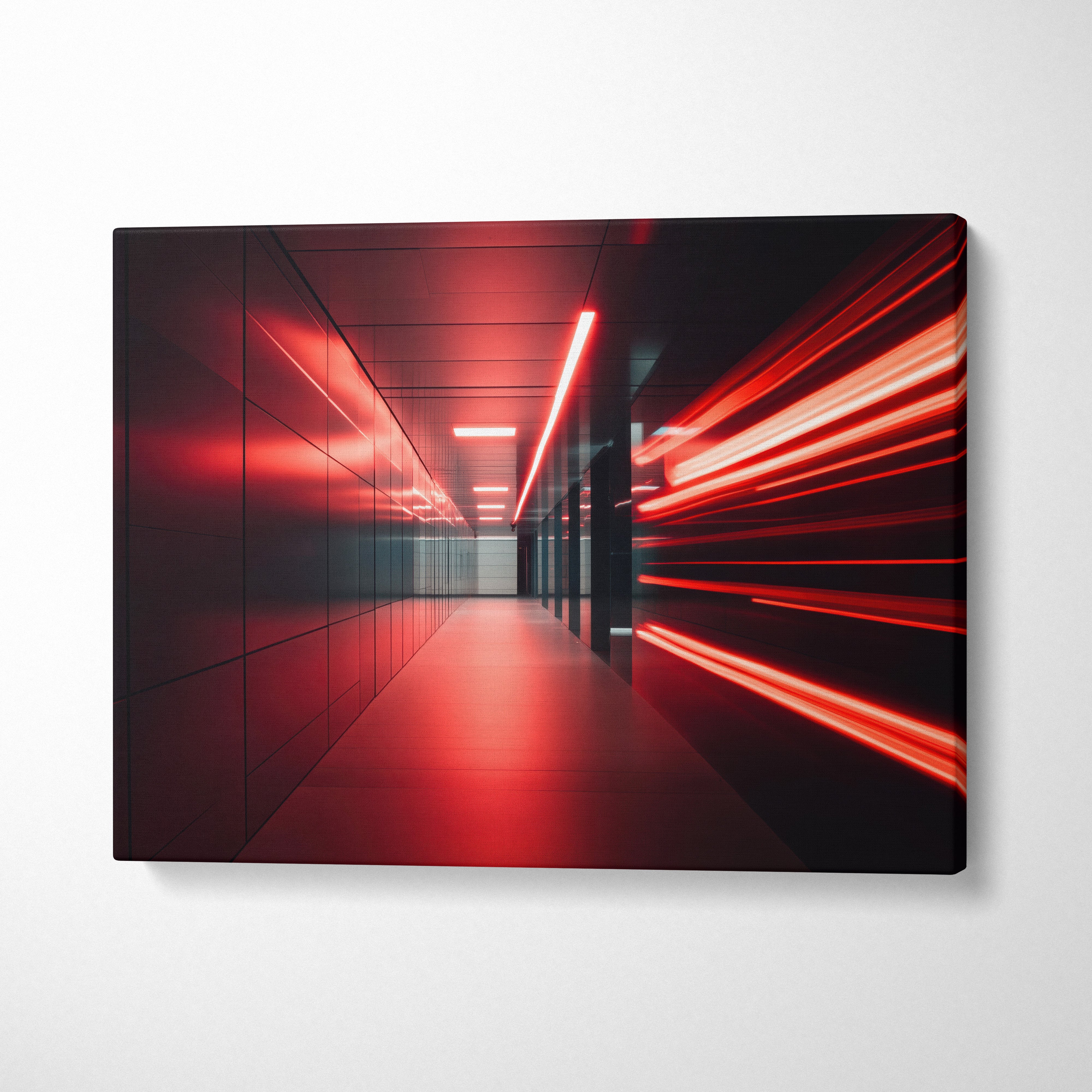 Abstract red and black digital art on canvas wall art with dynamic light streaks design.