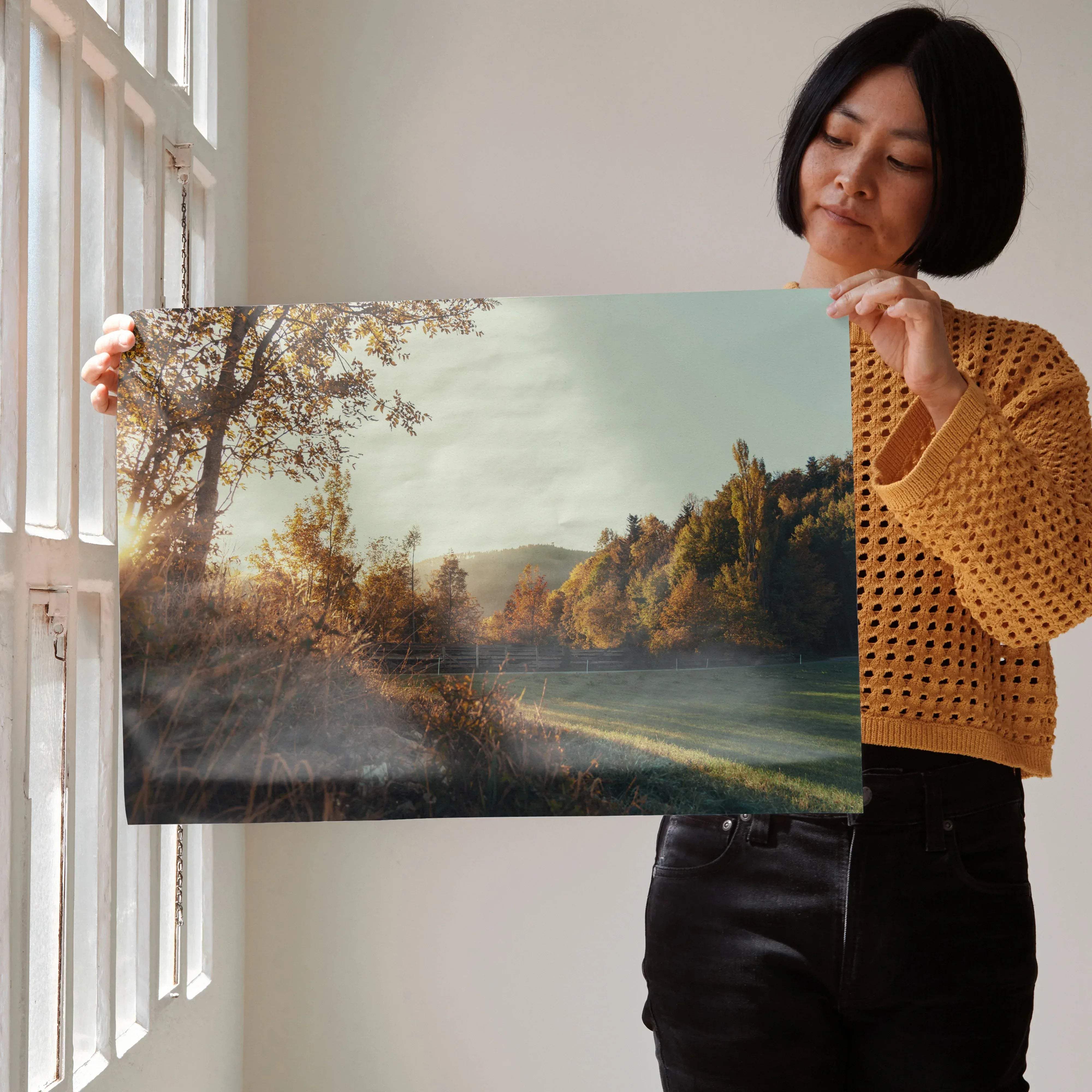 Vibrant autumn leaves nature art print poster of a rectangular misty golden field landscape under warm sunlight