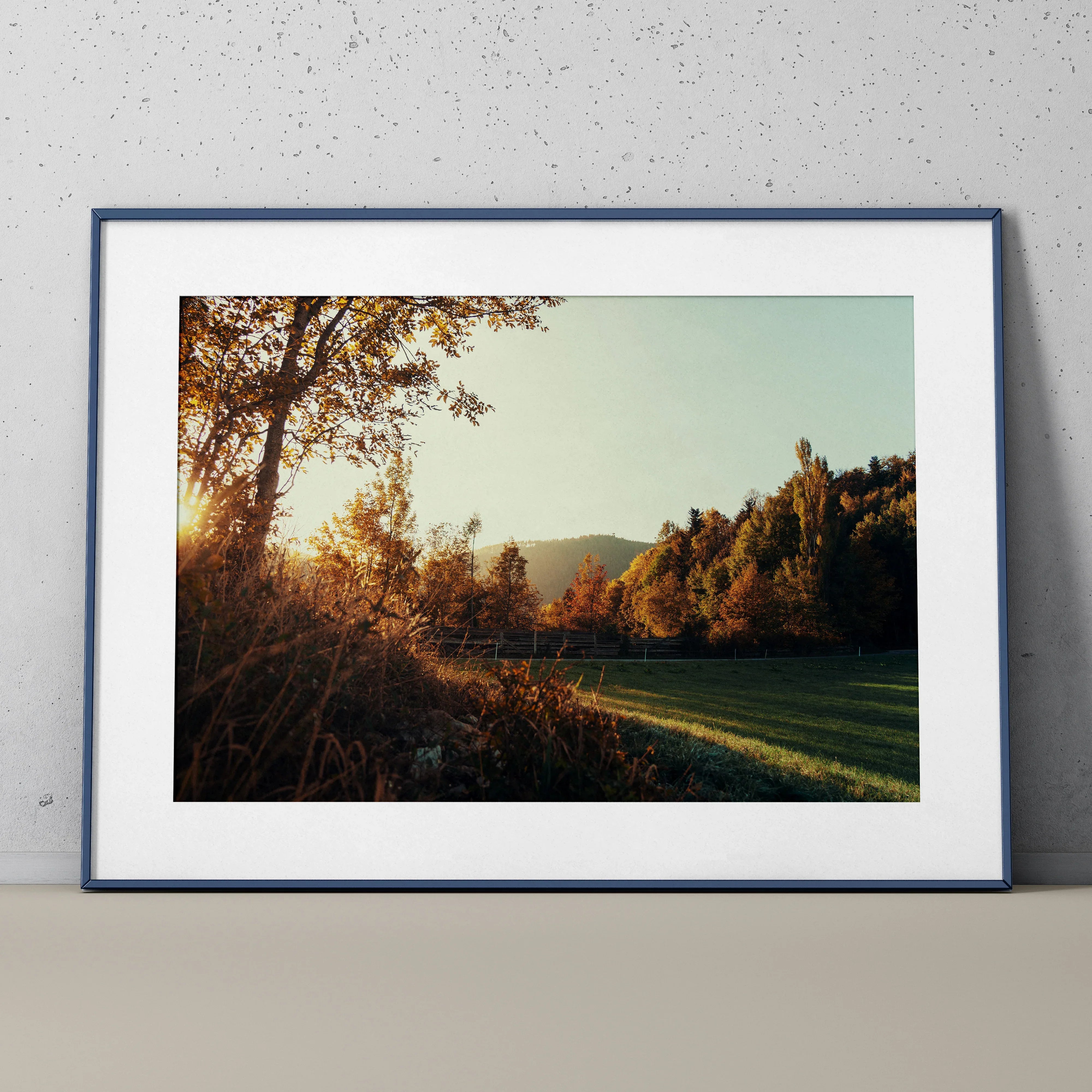 Framed autumn landscape poster with sunlit trees and grassy field wall art.
