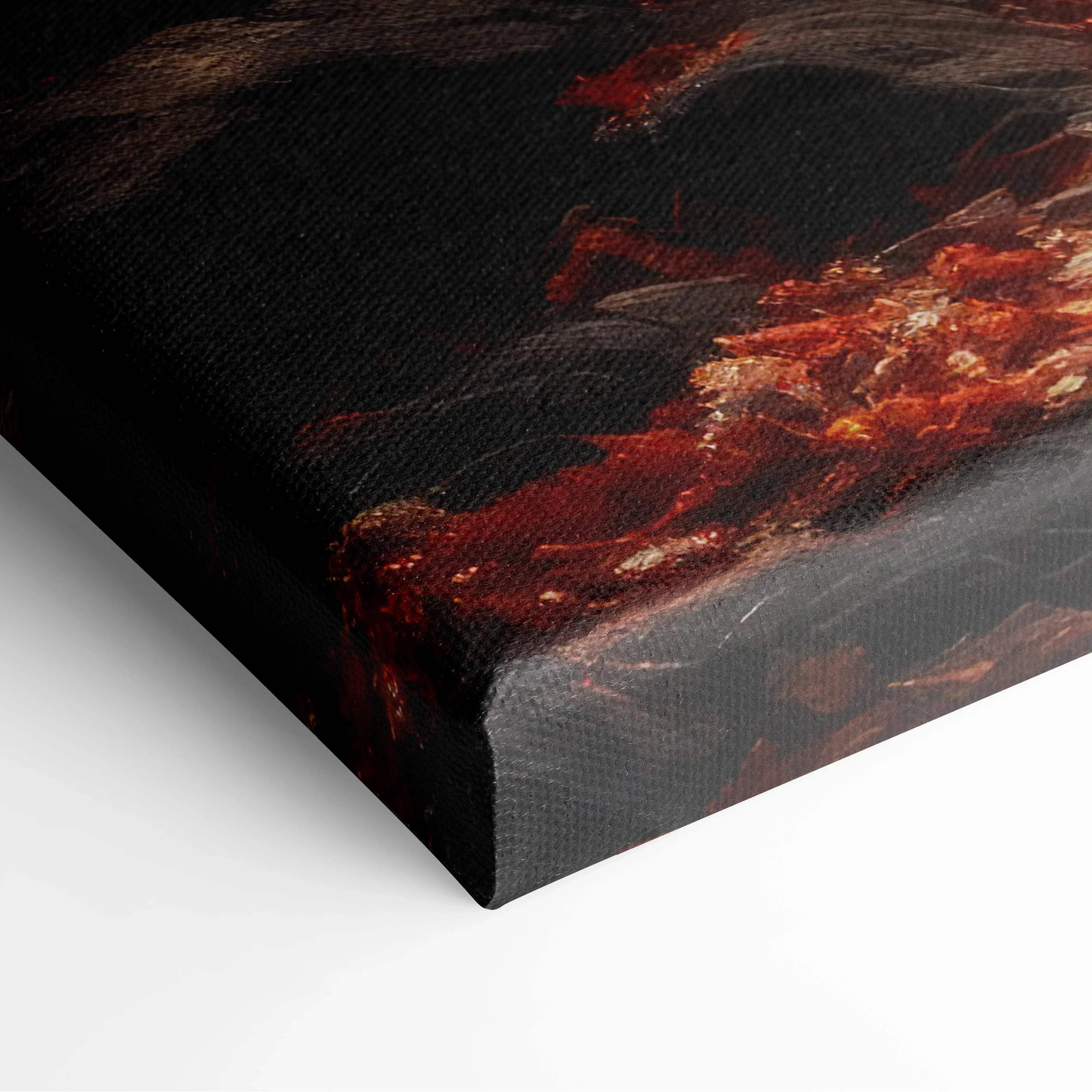 Black canvas print featuring a fiery autumn forest bridge over calm water in warm fall colors and serene mood