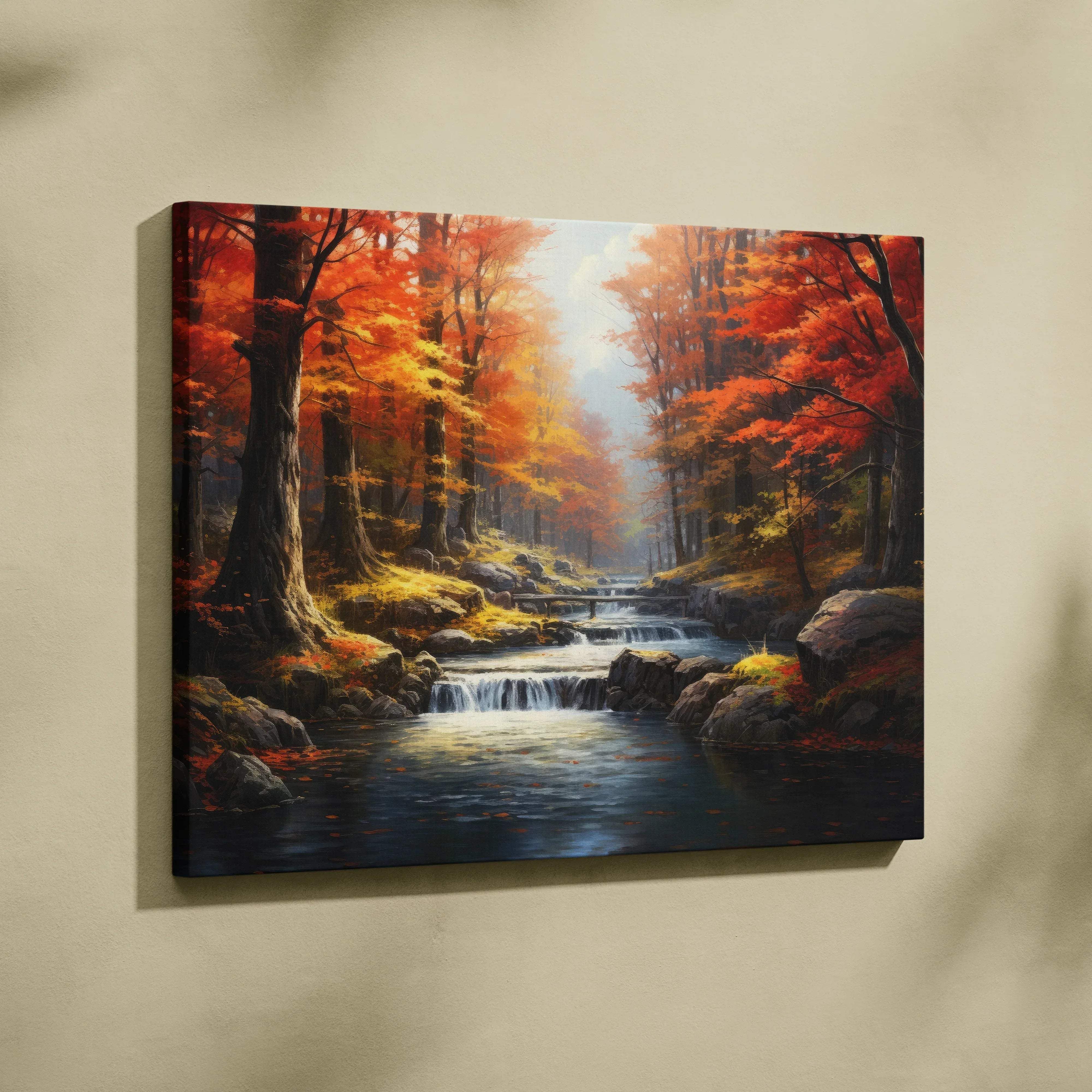 Watercolor autumn forest landscape canvas wall art with fiery red and orange foliage and serene river scene under soft sunlight