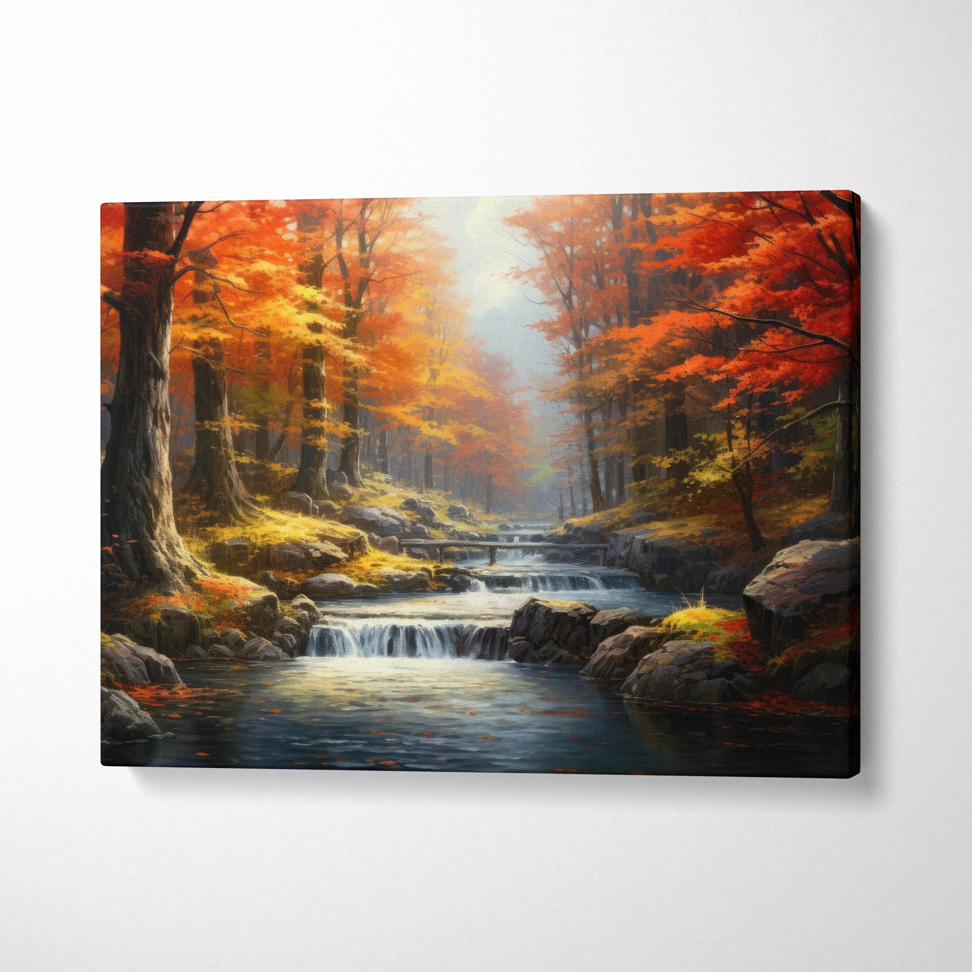 Autumn forest canvas art with vibrant orange trees and a flowing stream wall art print.