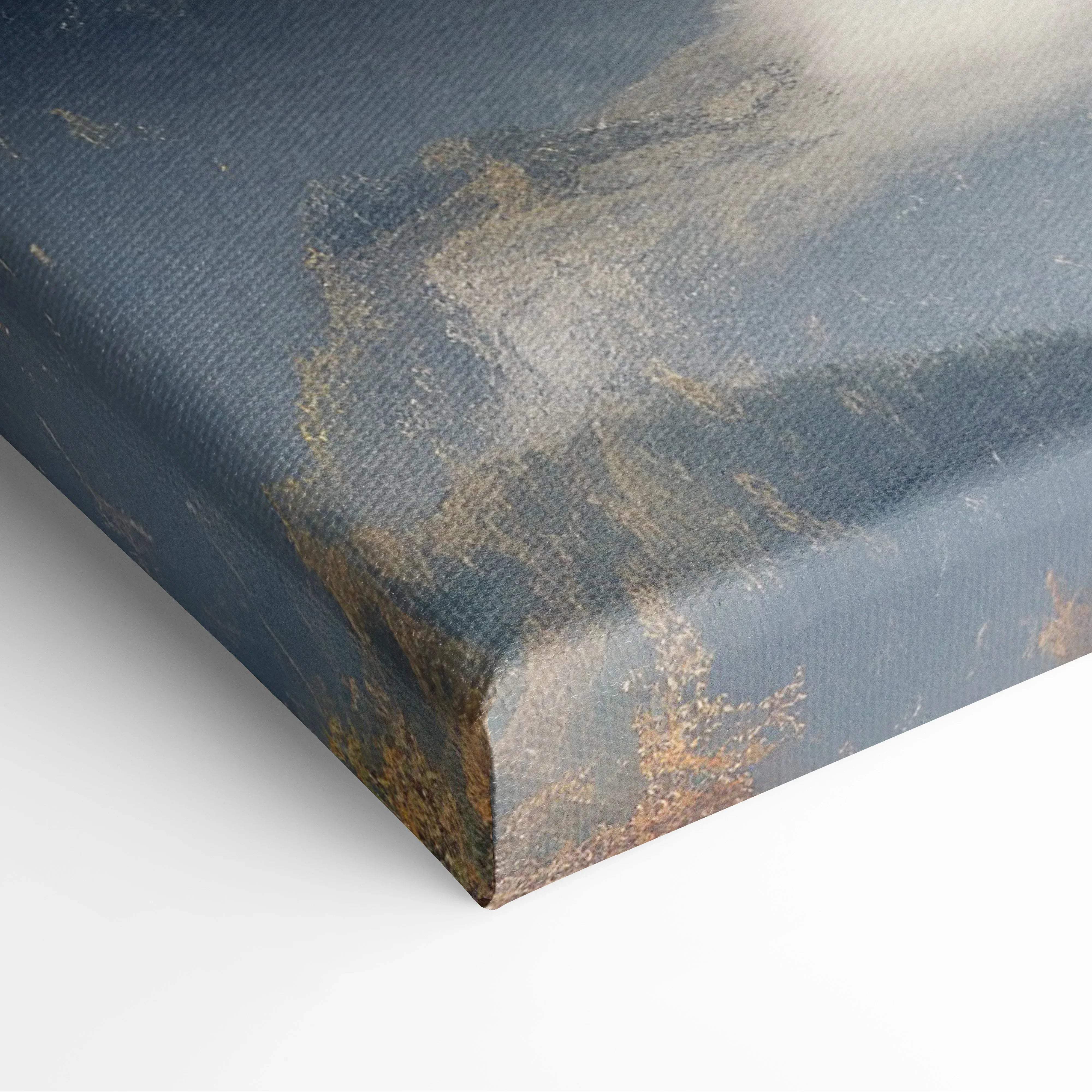 Photorealistic canvas print of snowy mountain peaks in cool blues and autumn valleys with textured distressed finish