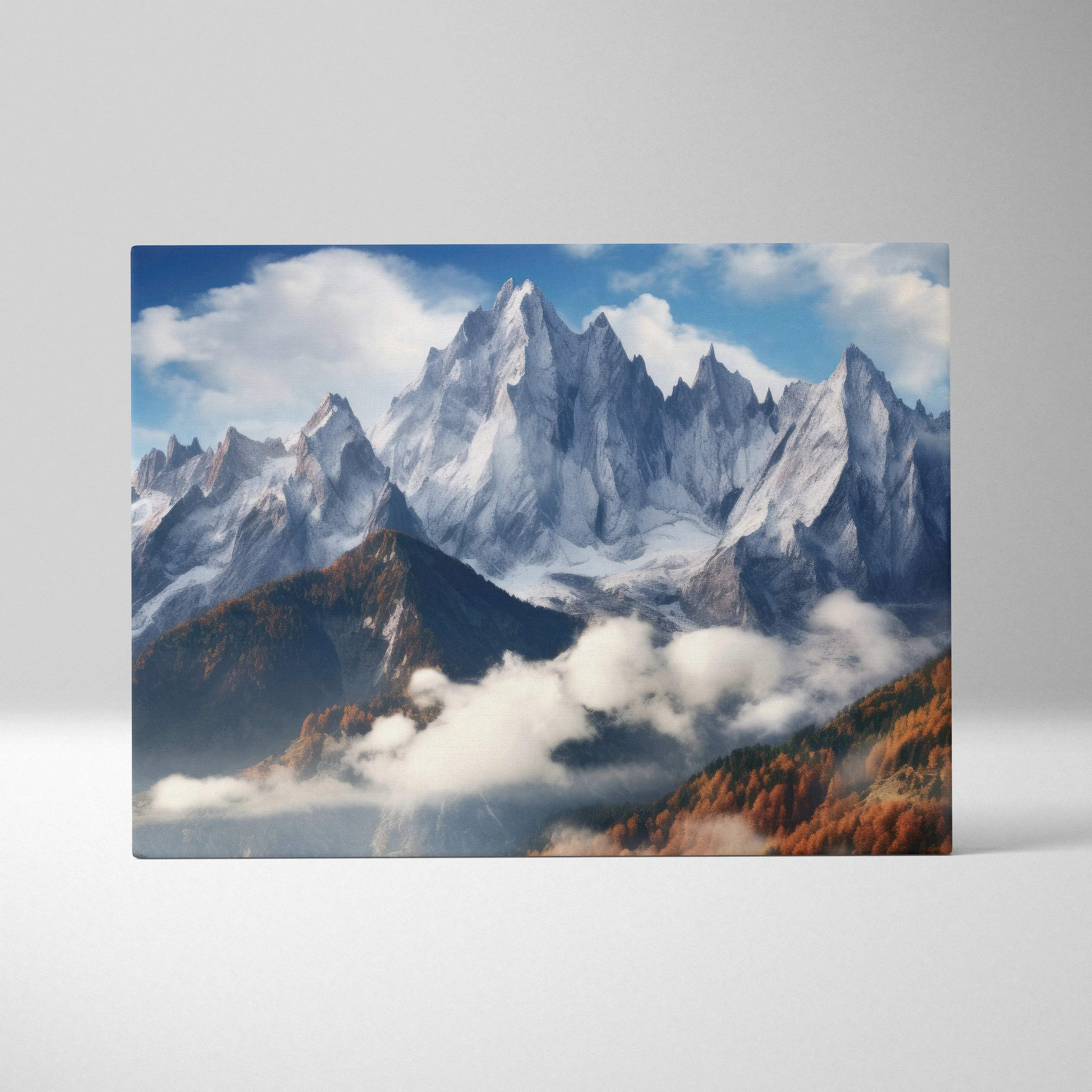 Photorealistic canvas print of snow-capped jagged peaks, blue sky, autumn valleys