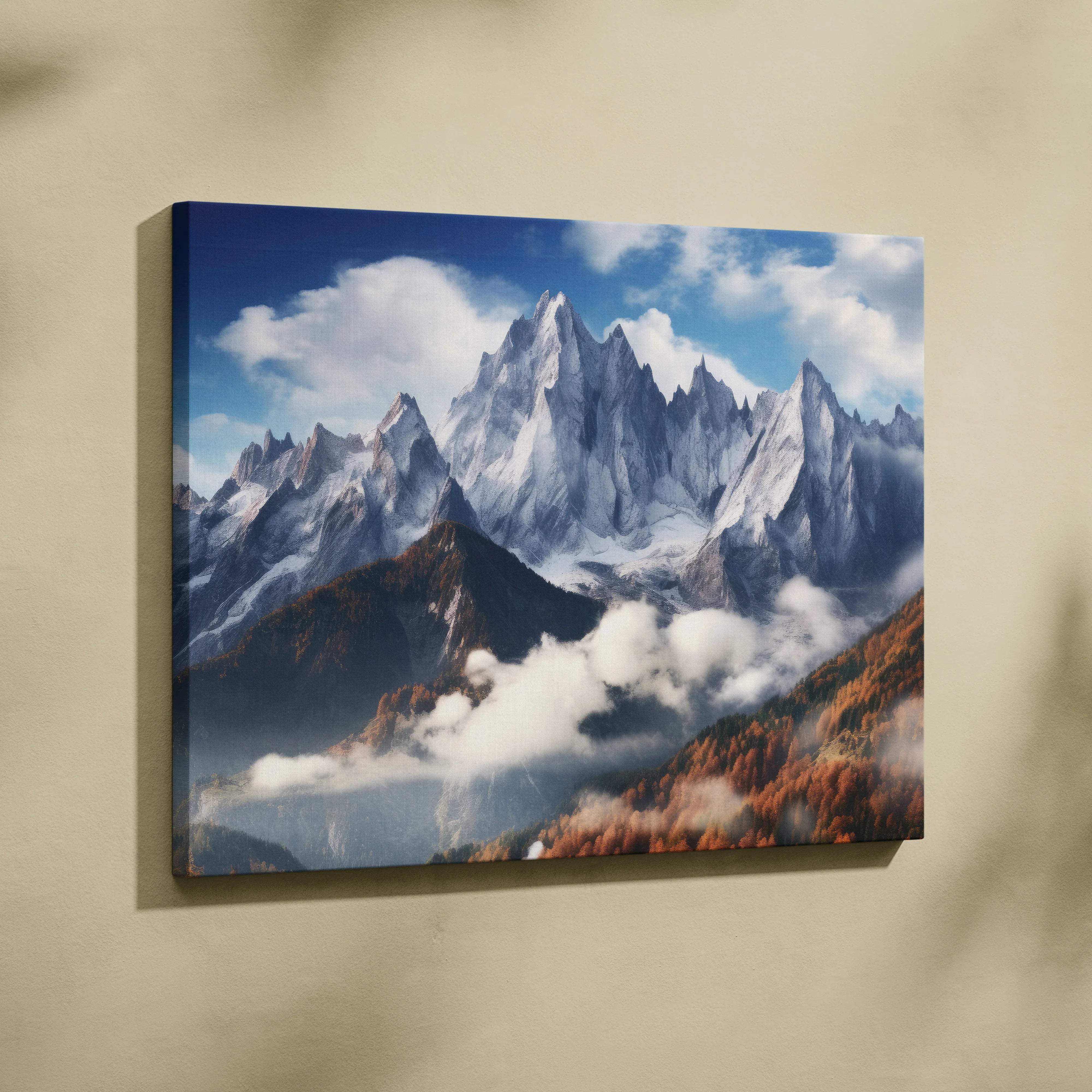 Canvas wall art of photorealistic snowy mountain peaks and autumn valleys