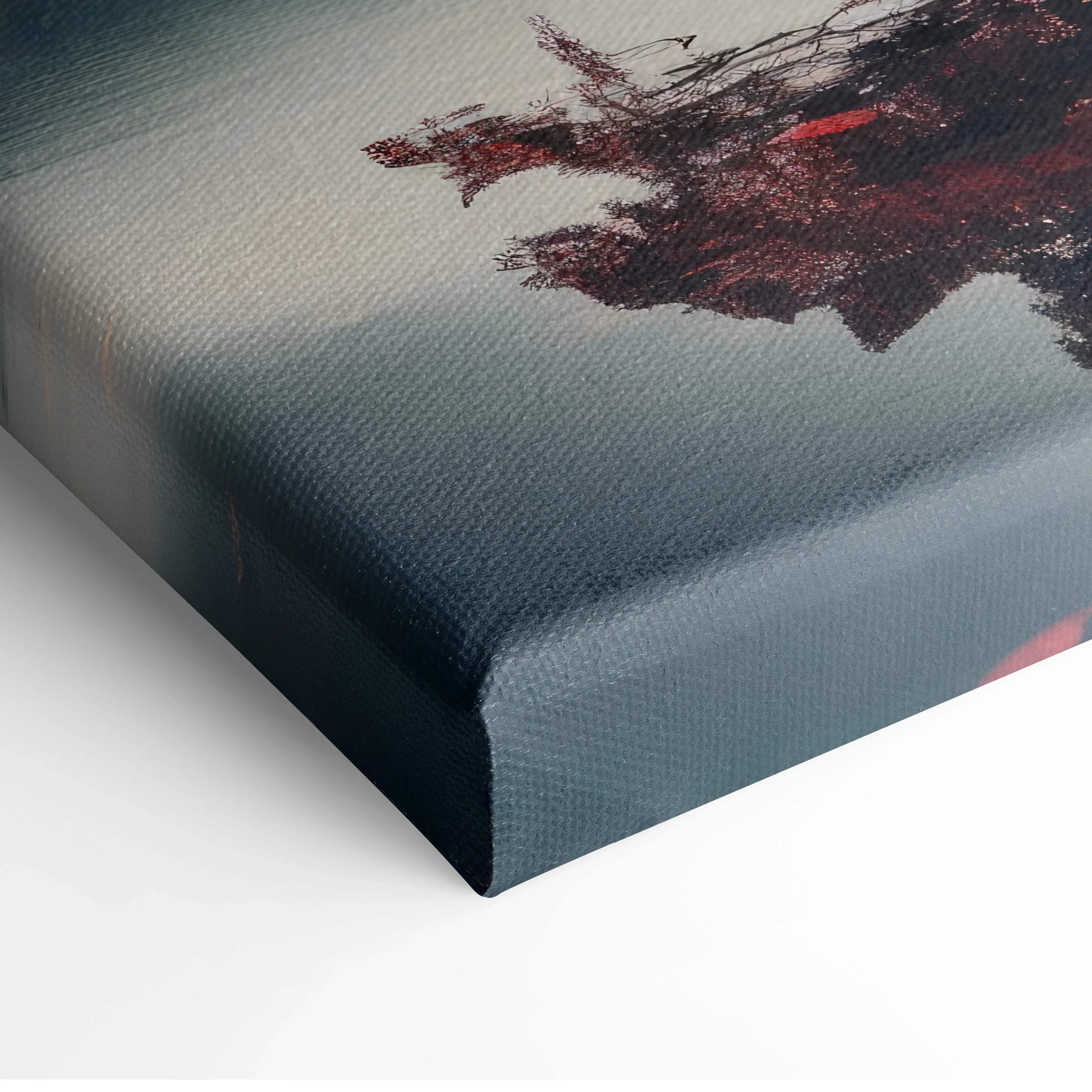 A textured canvas print featuring an abstract dreamy autumn landscape with deep red leaf tree and dark gray brushstrokes