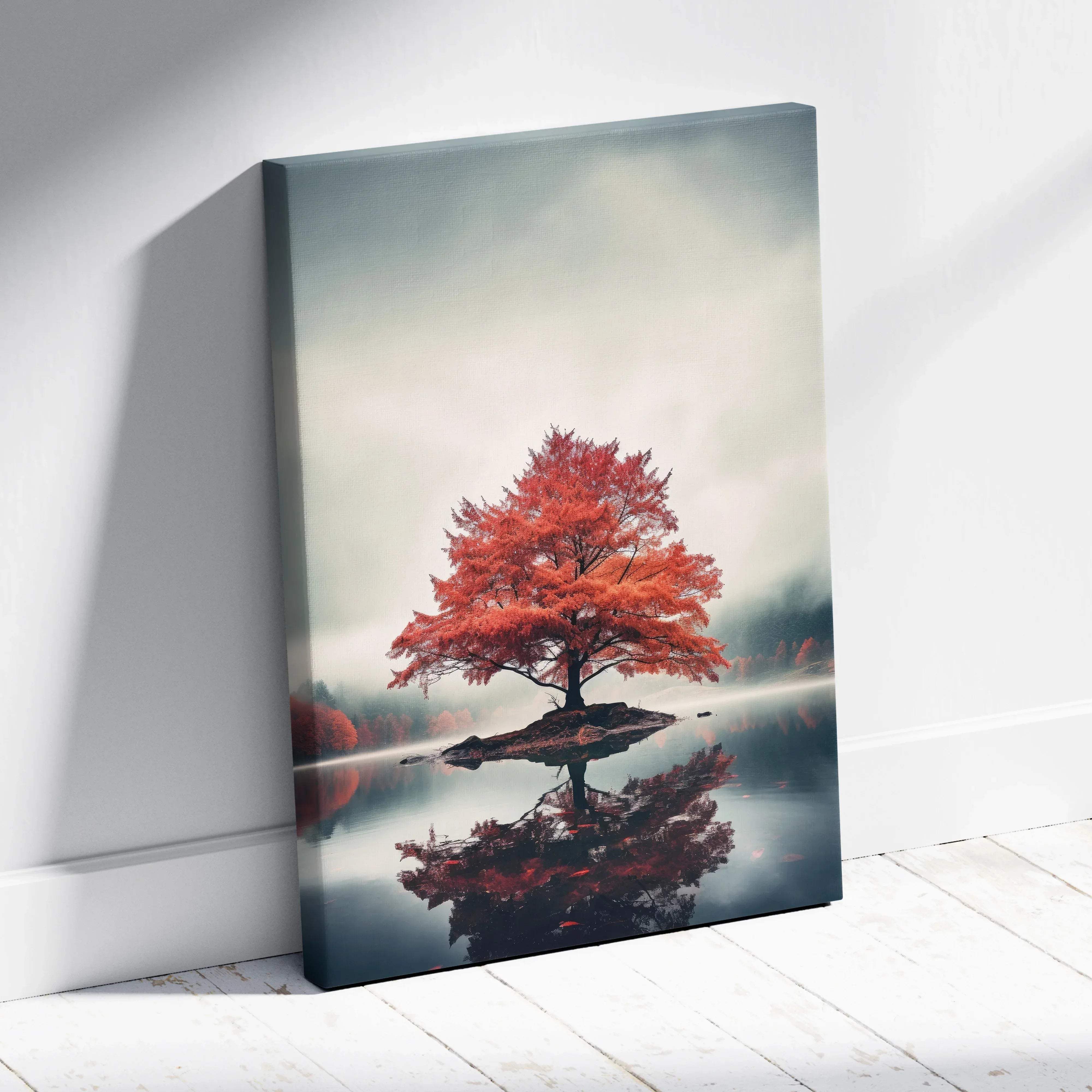 A canvas print of a solitary red-orange tree on a misty lake island with perfect reflection for warm cozy decor