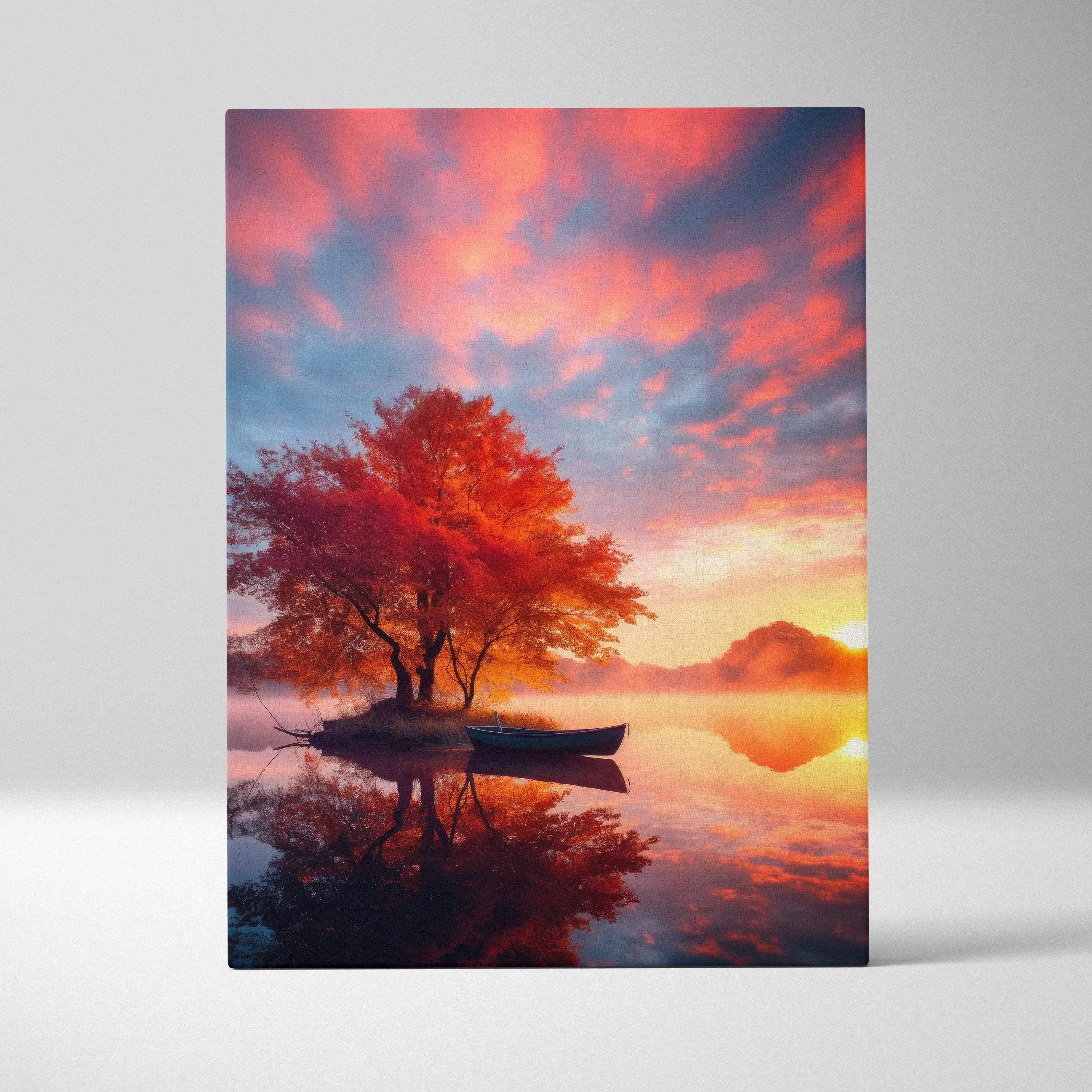 Autumn sunset landscape canvas wall art featuring vibrant red trees and a tranquil lake reflection with a blue boat