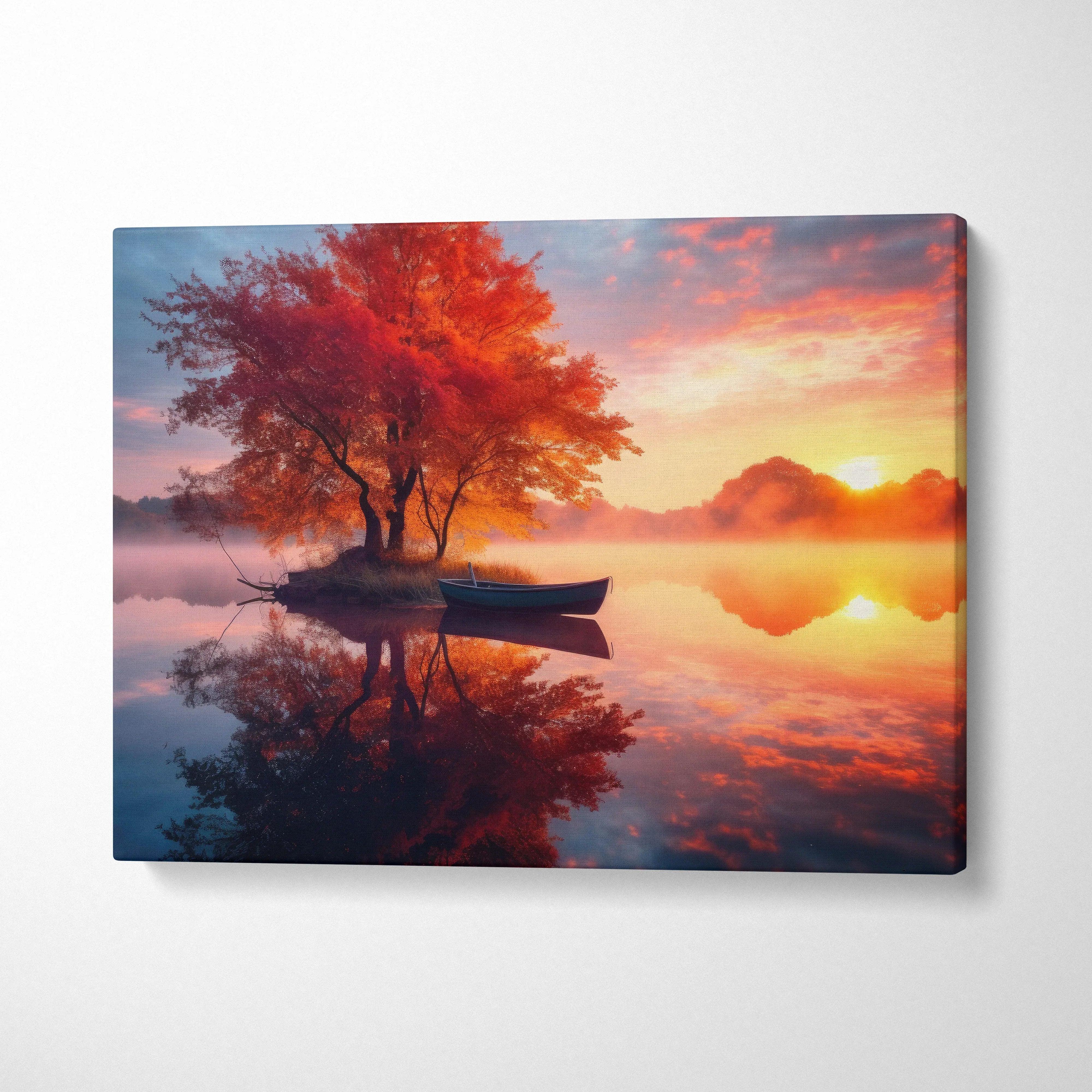 Canvas wall art of autumn trees with fiery orange leaves and a boat on calm reflective water at sunset.