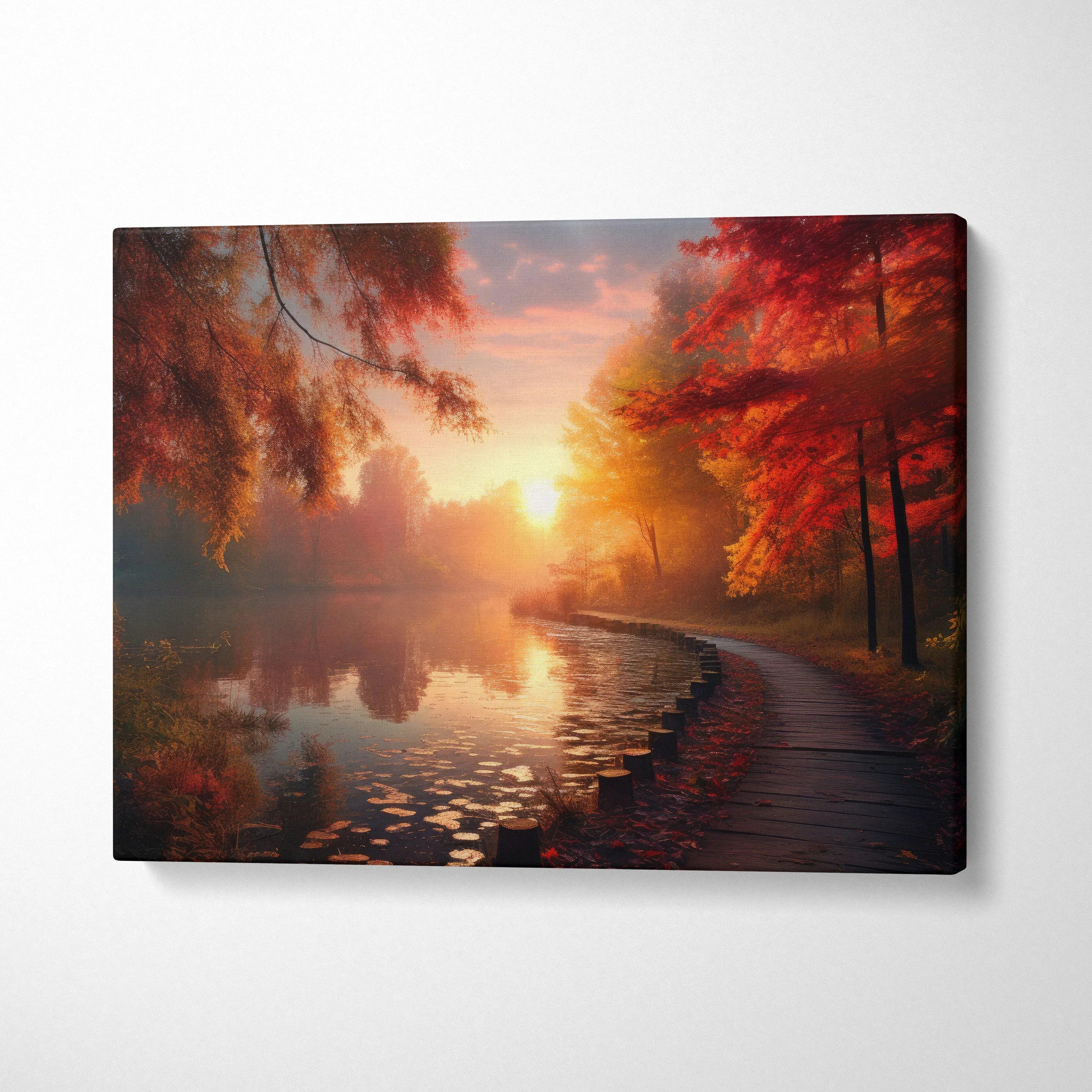 Autumn sunset digital art canvas wall art with golden light, vibrant red and orange trees by lakeside path.