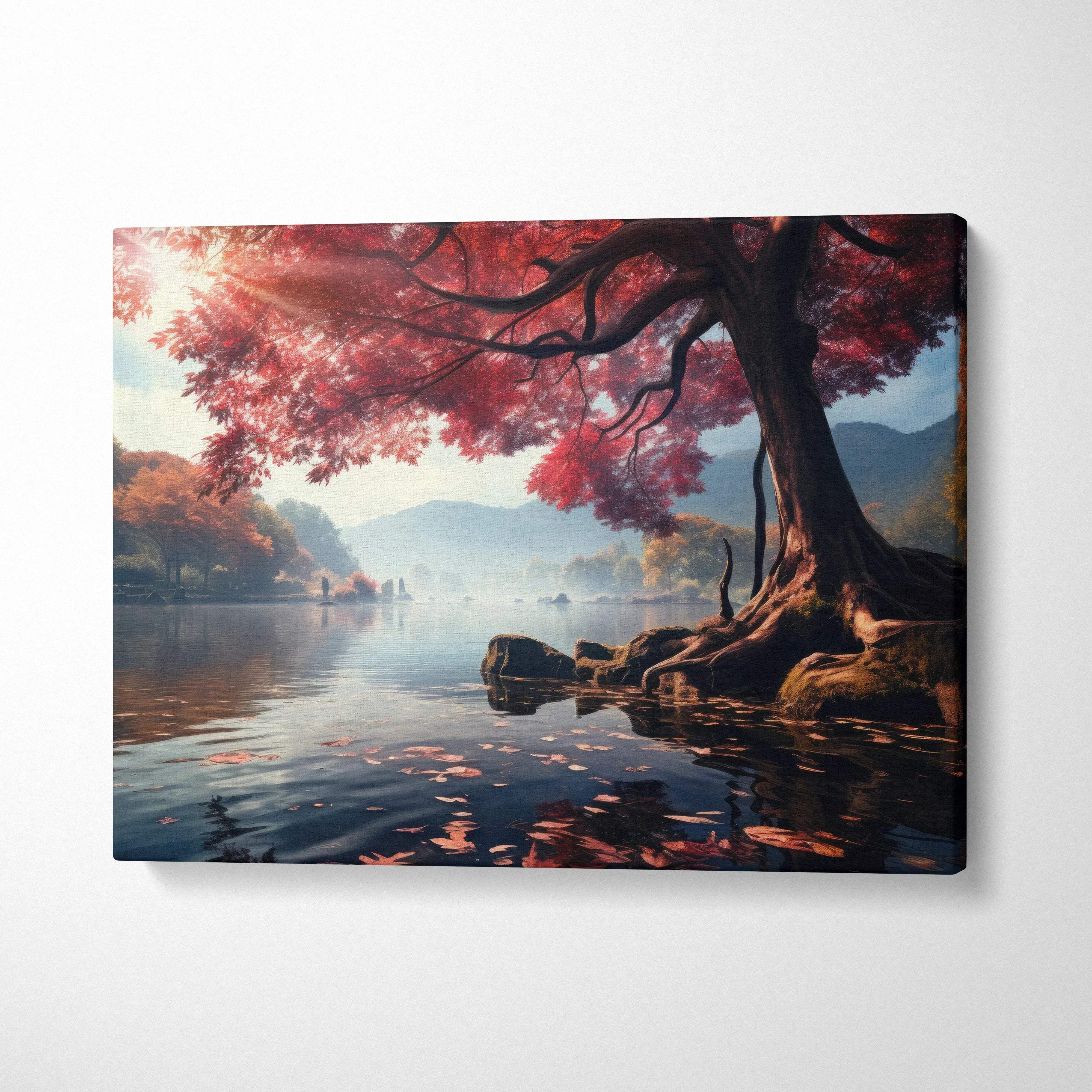 Autumn-themed canvas art with vibrant red foliage over serene lake and misty woodland scene wall art.