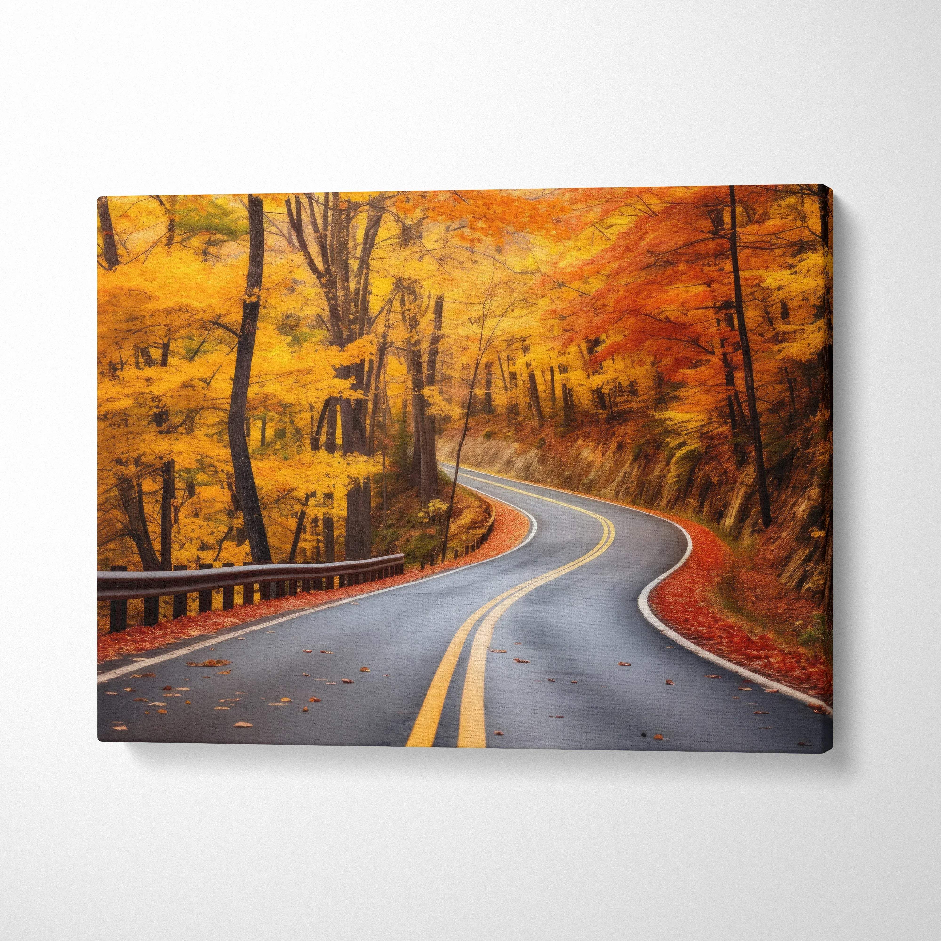 Vibrant autumn winding road scene with golden leaves canvas wall art in warm tones.