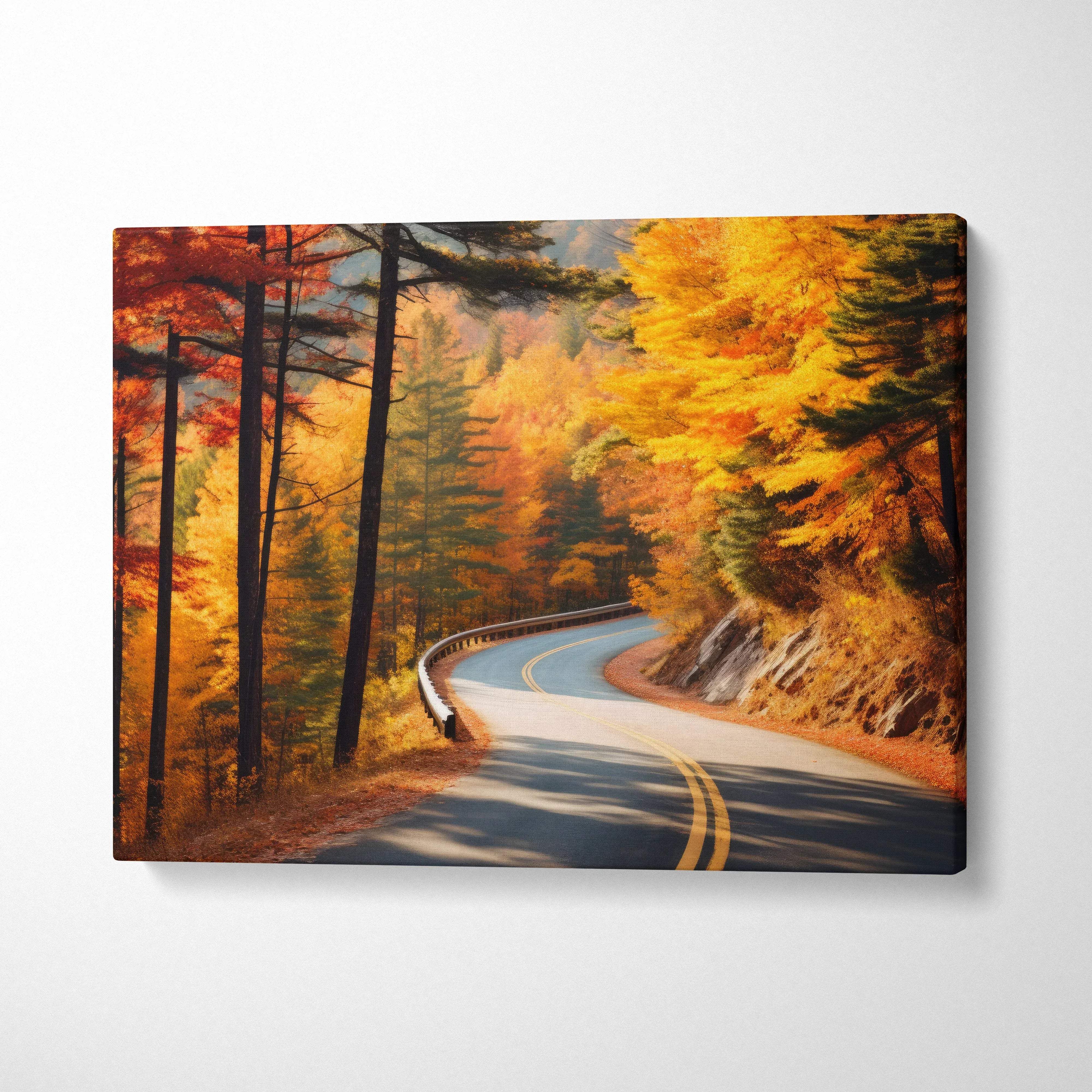 Vibrant autumn canvas art featuring a winding road surrounded by colorful fall foliage wall art.