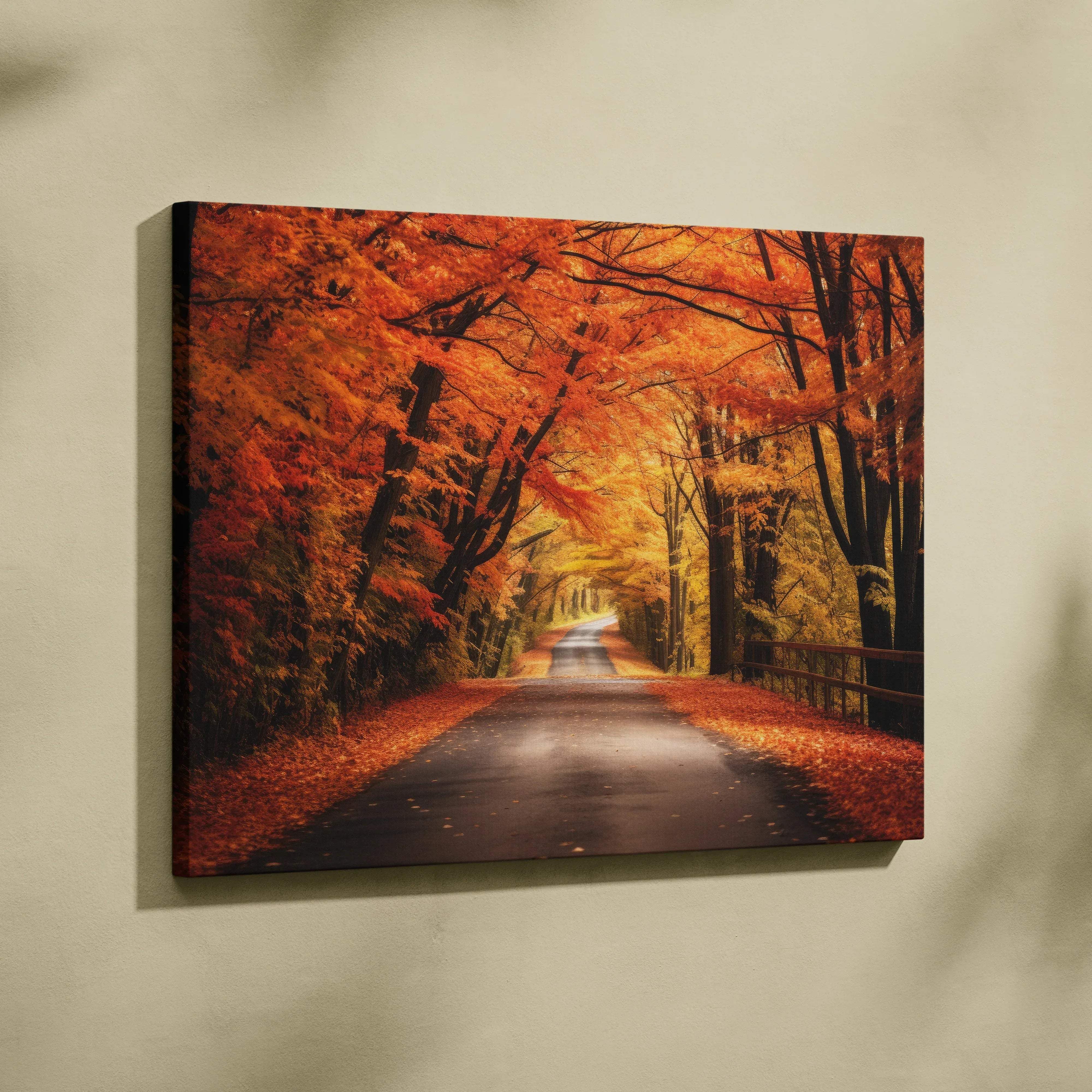 Rectangular canvas wall art featuring a vibrant autumn landscape with fiery orange trees over a winding forest path