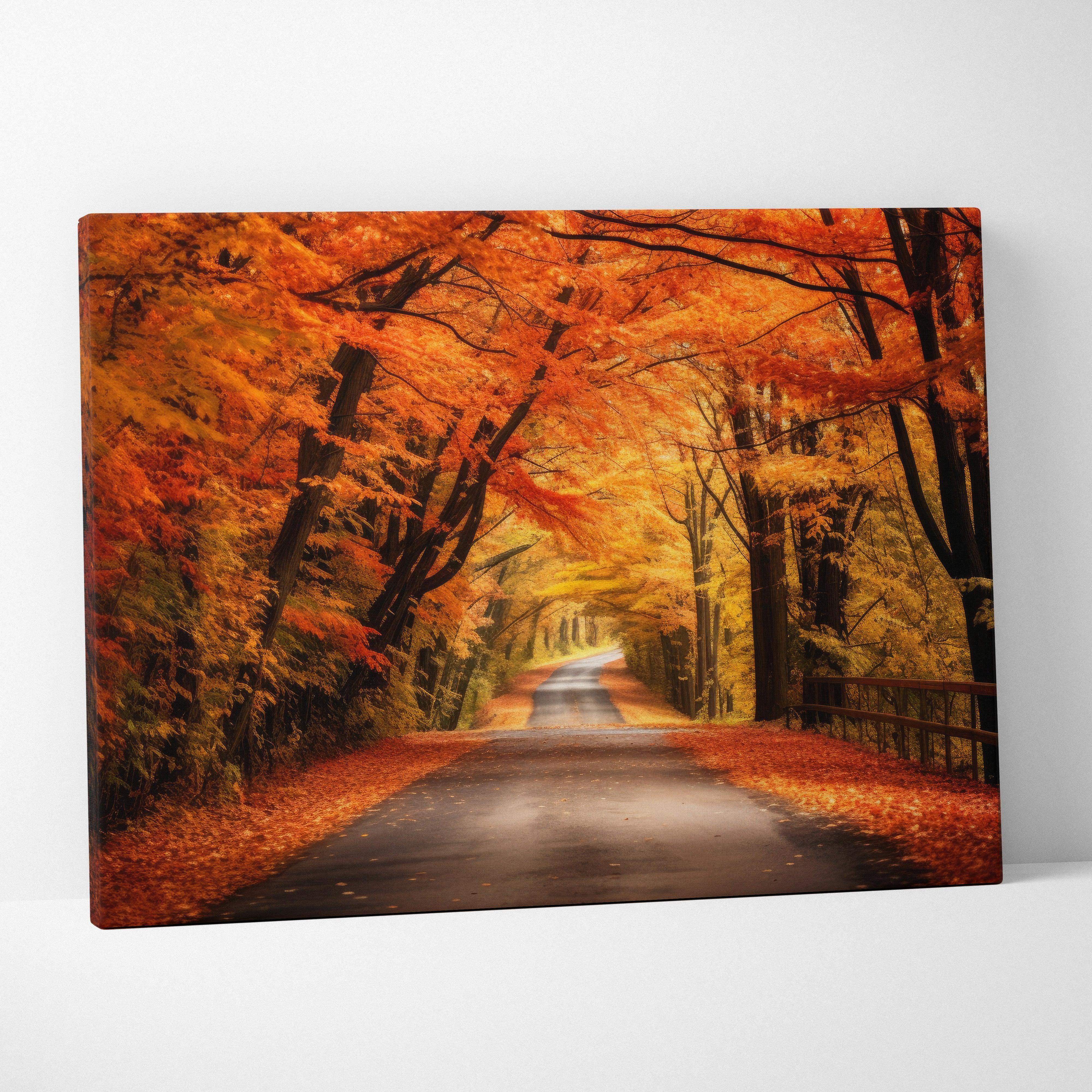 Autumn landscape canvas wall art of a winding road through colorful fall forest with vibrant orange and yellow trees