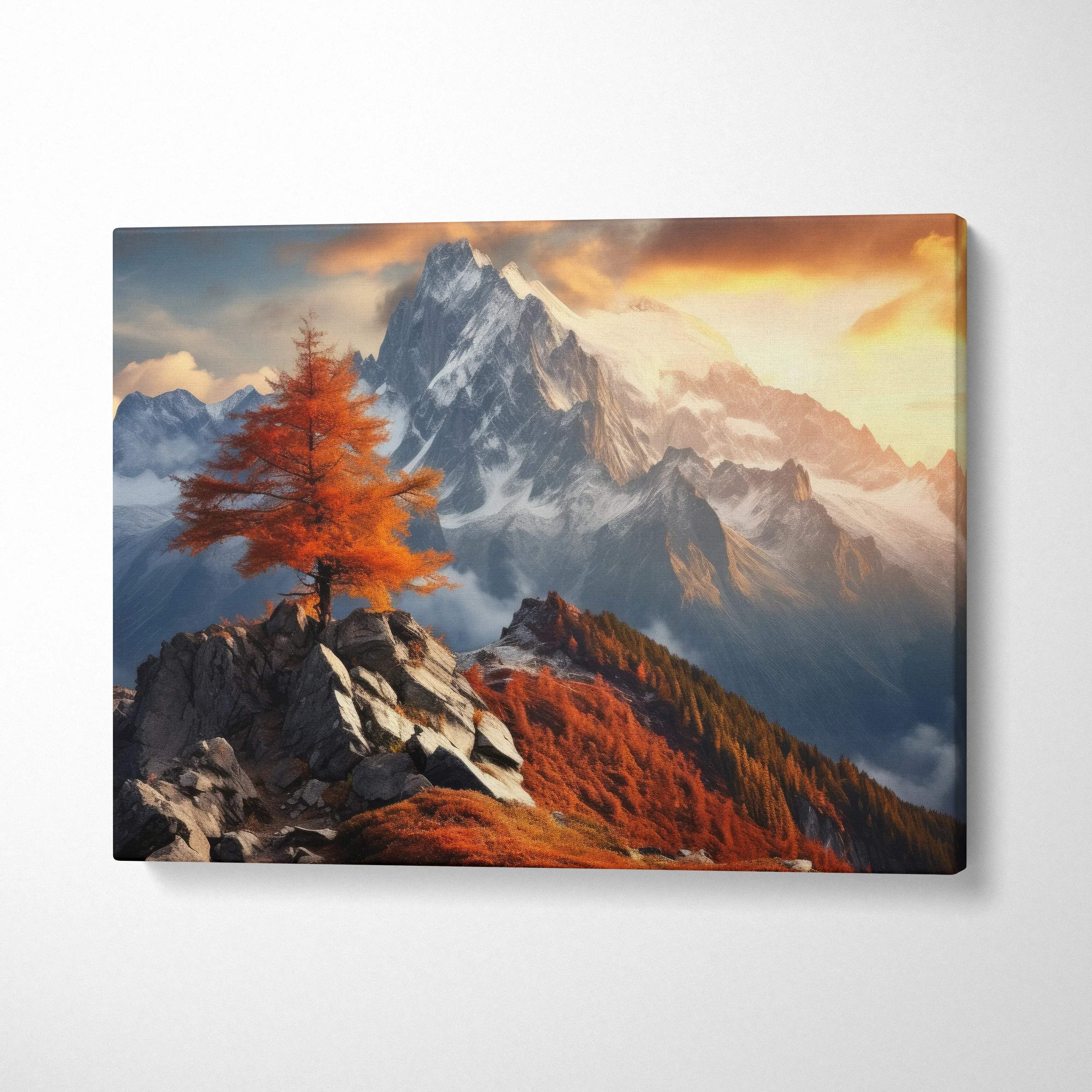 Canvas wall art featuring vibrant autumn mountains with a glowing sunset sky.