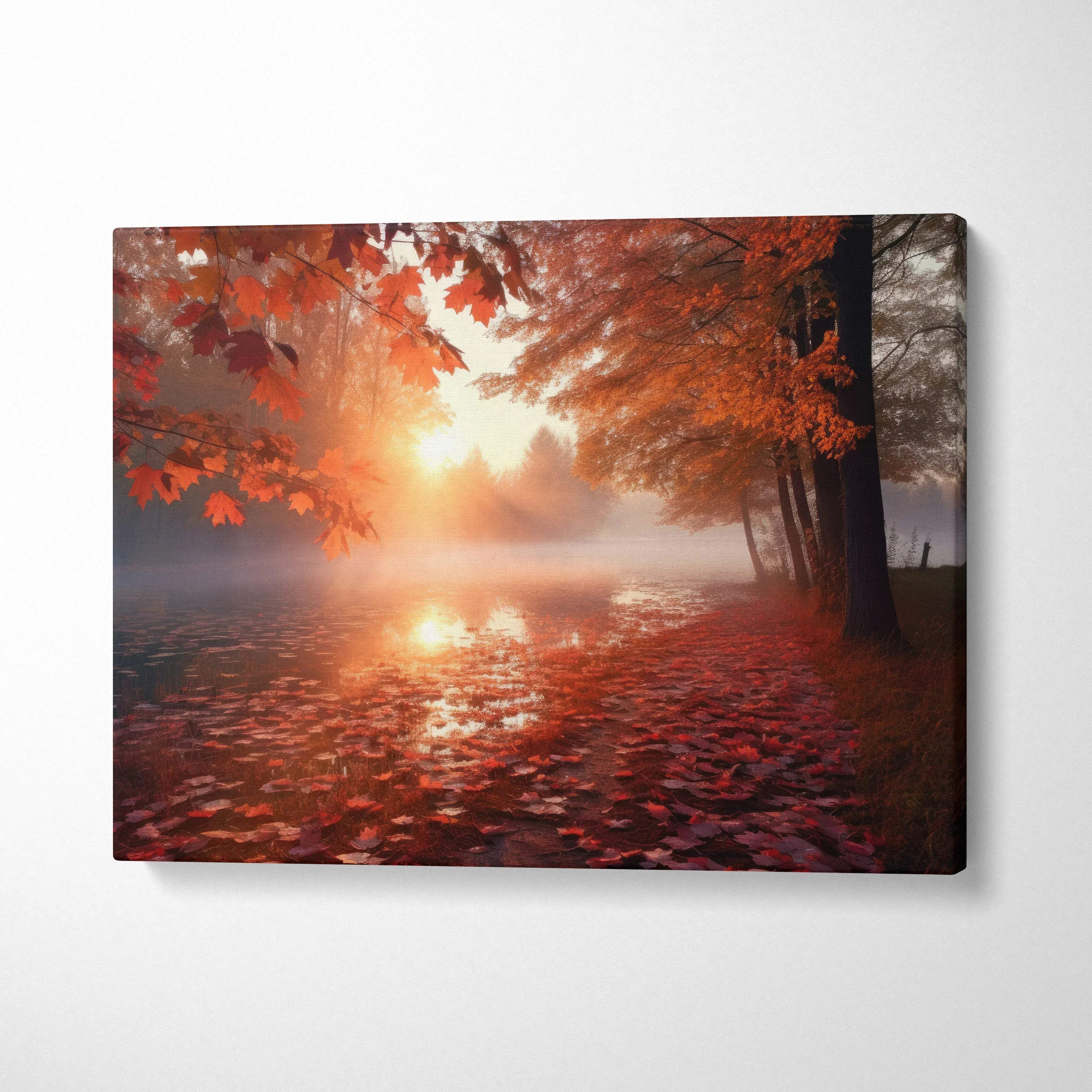 Autumn sunset canvas art with golden leaves and fiery sky over peaceful lake wall art.