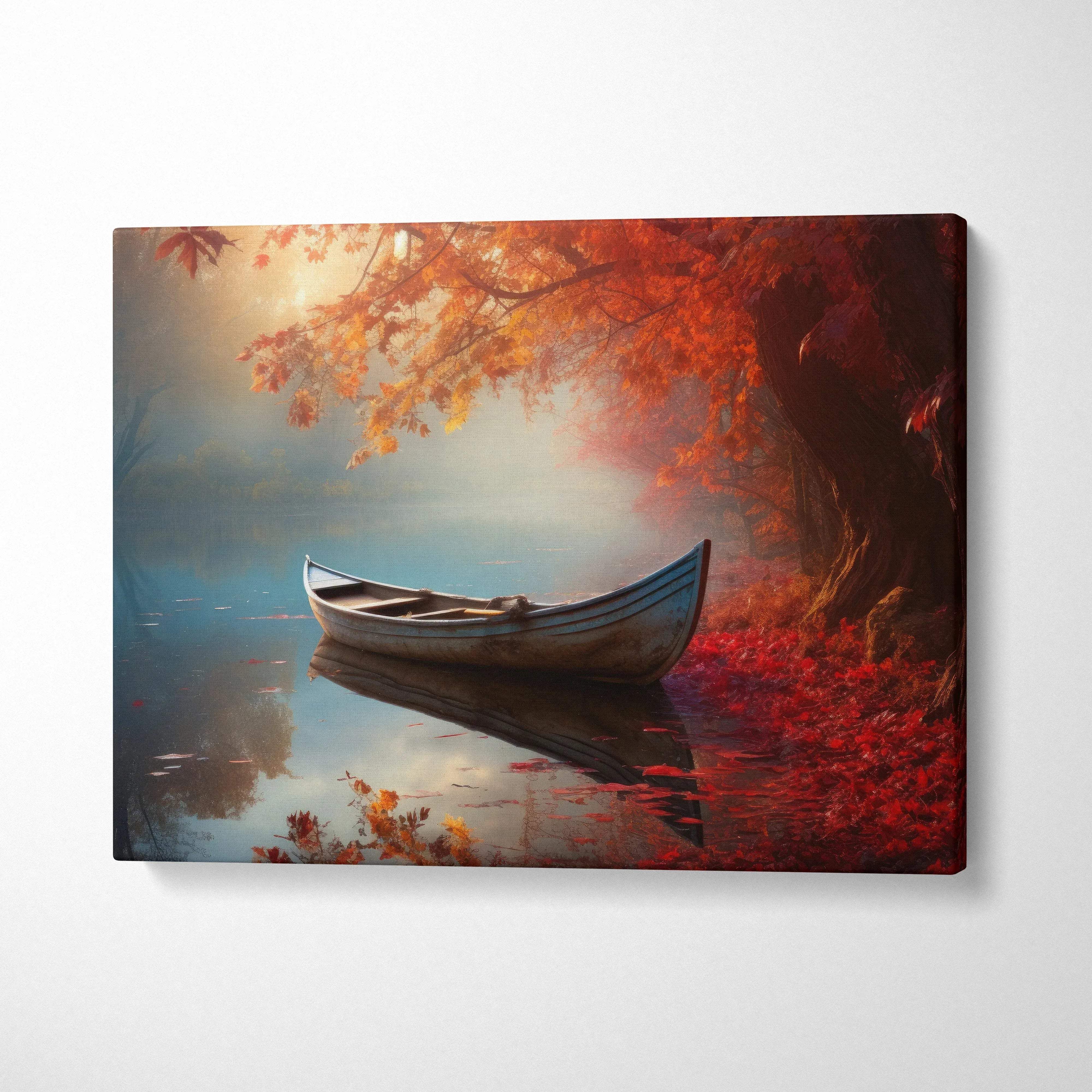 Autumn nature digital art canvas with a rowboat on calm water under vibrant orange leaves wall art.