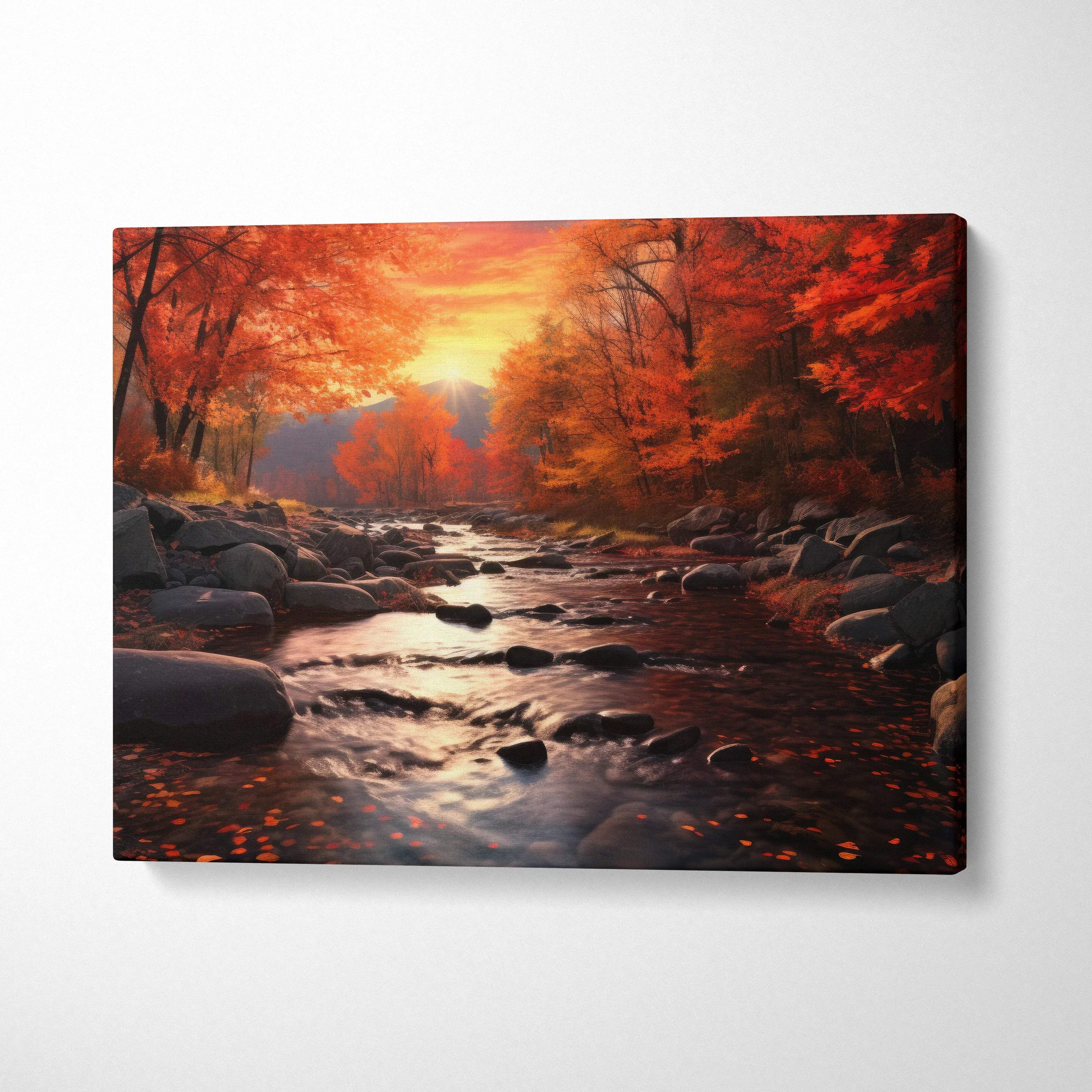 Autumn sunset nature canvas art with golden hues and vibrant fall foliage over rocky stream wall art.