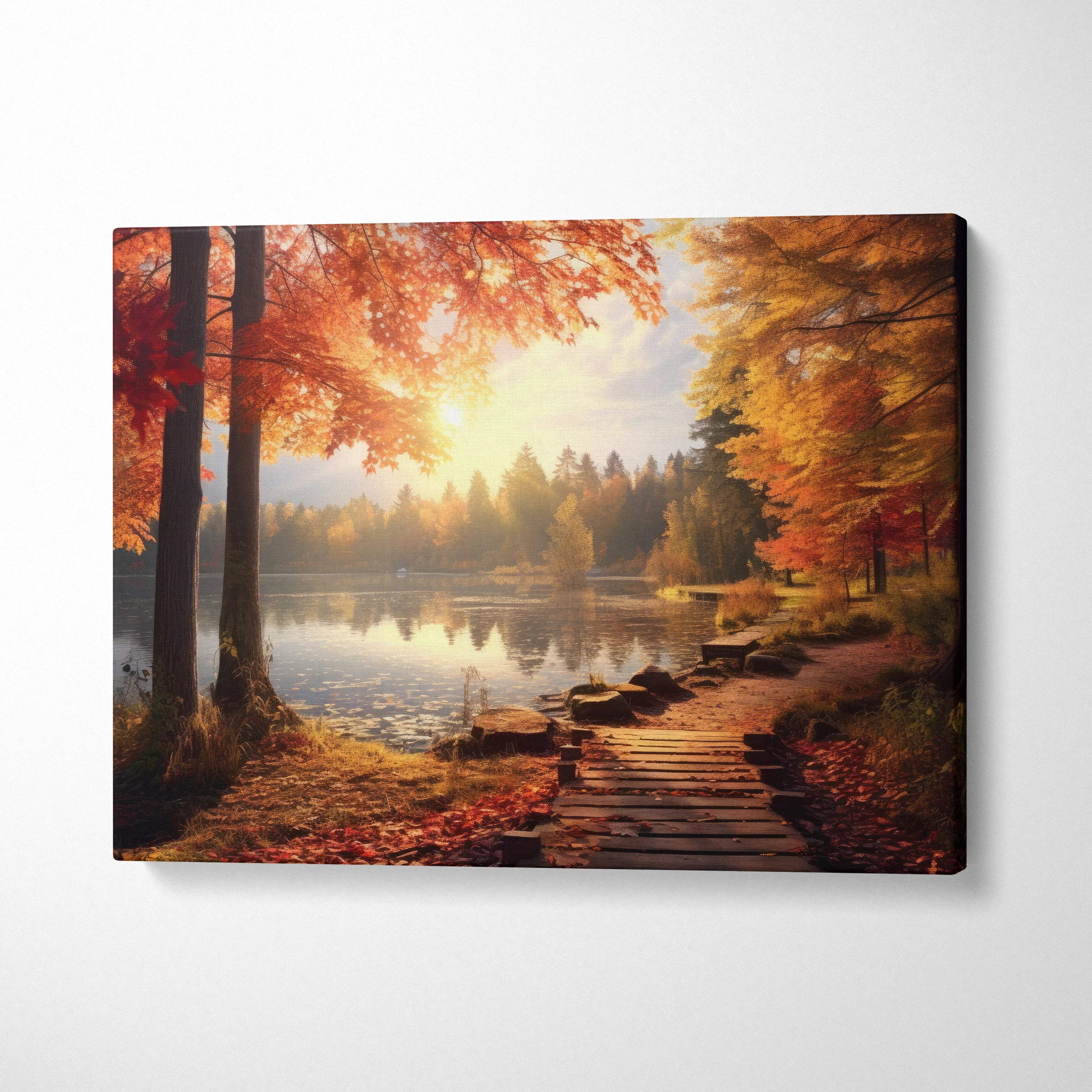 Autumn forest digital art canvas wall art with vibrant fall leaves and serene lakeside path.
