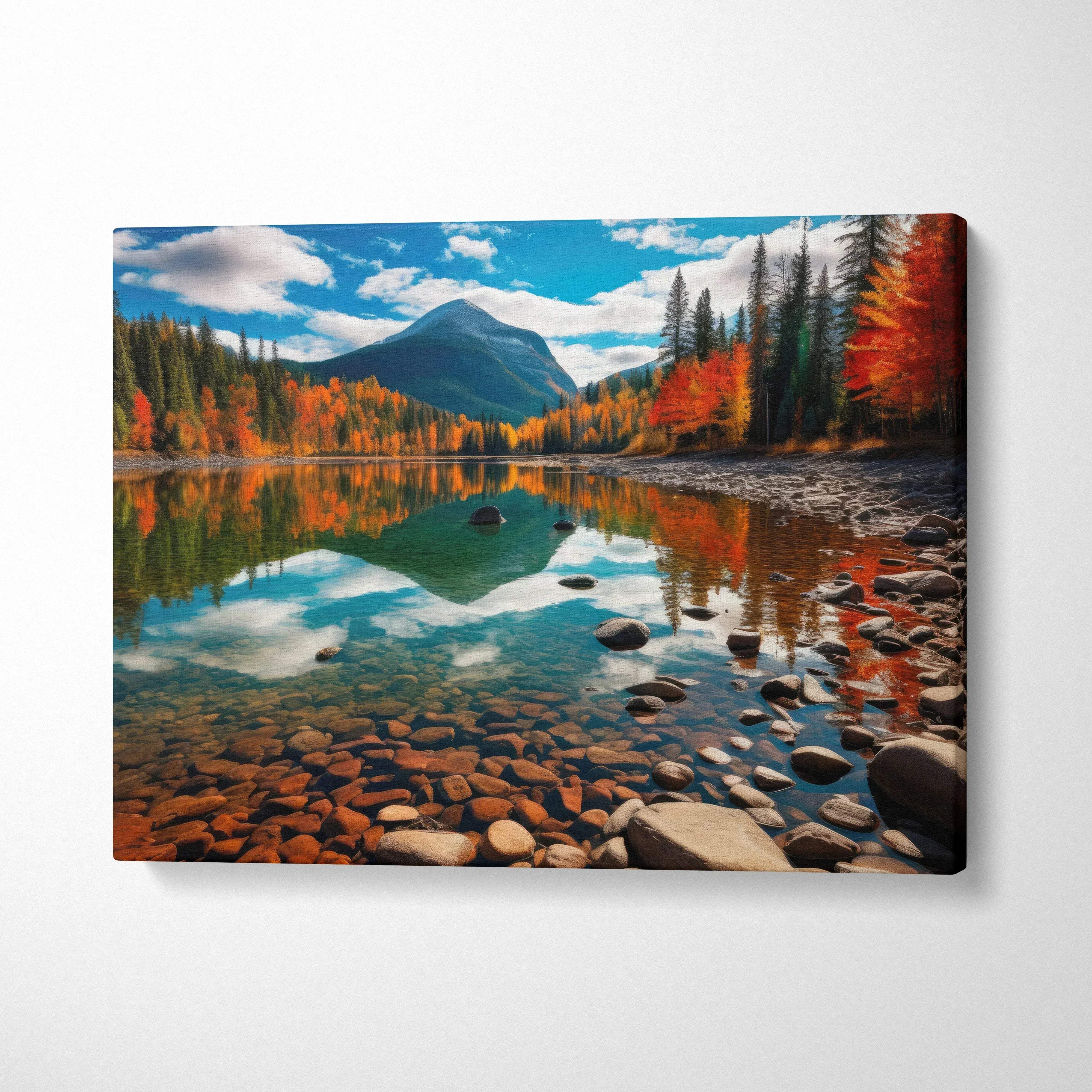 Autumn landscape digital art canvas with vibrant fall foliage and reflective lake wall art.