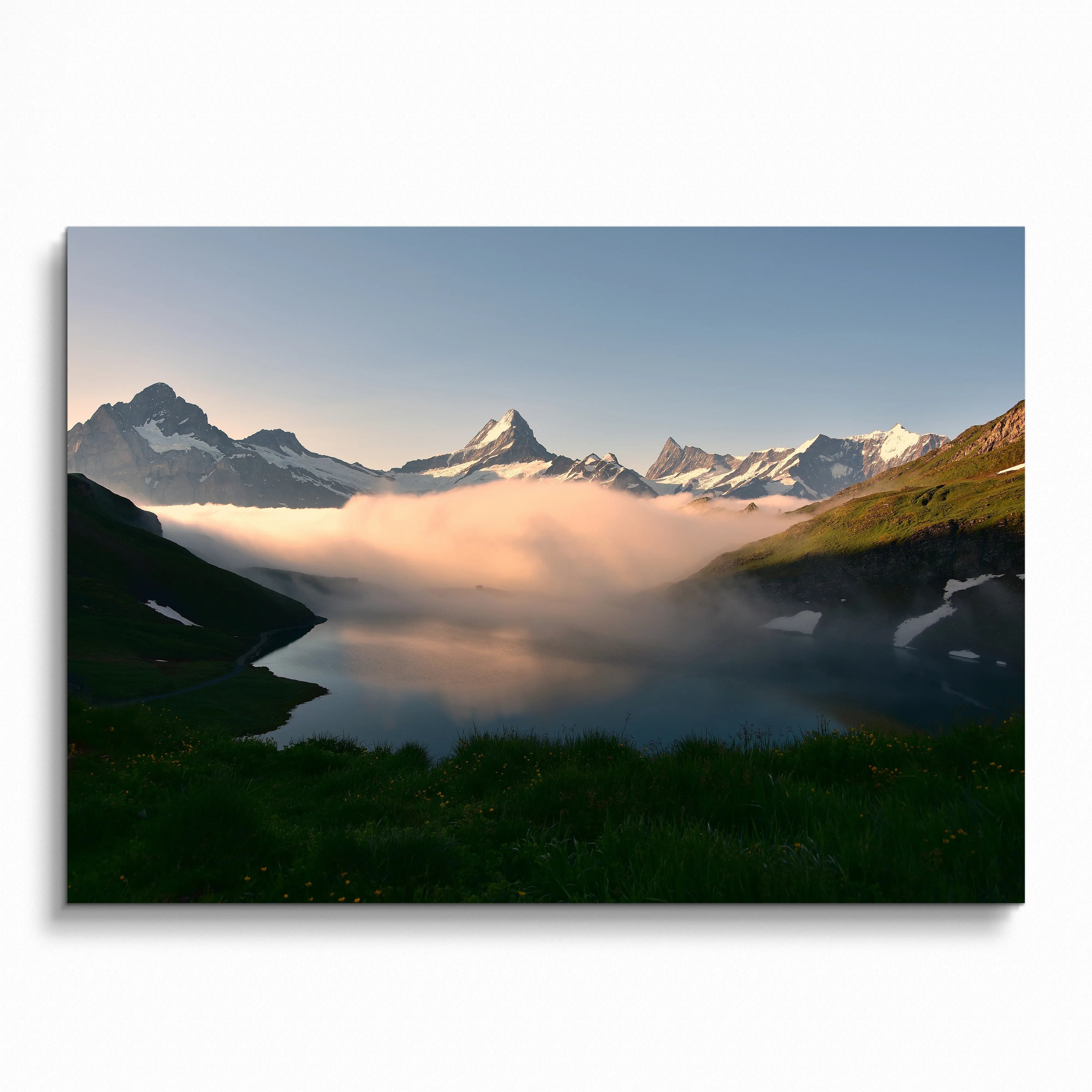 Majestic mountain landscape with morning fog over valley nature art poster wall art.