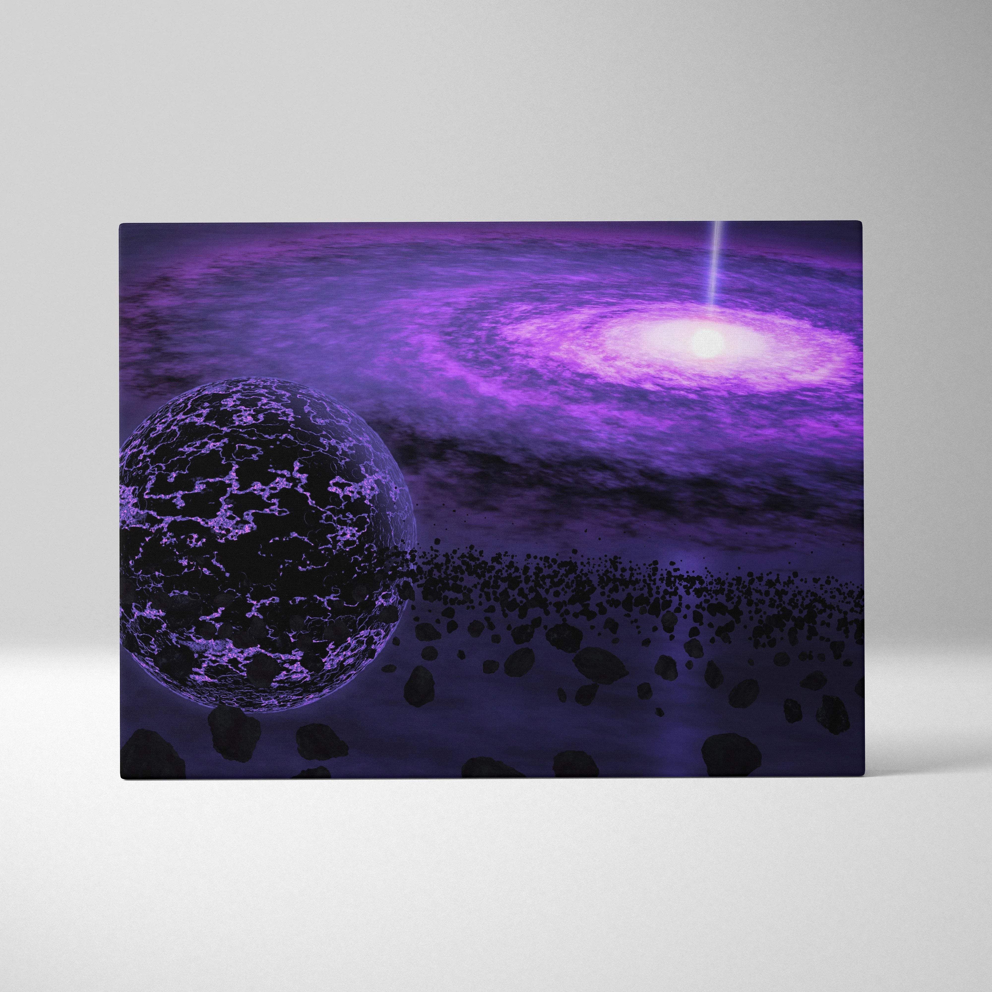 Purple galaxy canvas with glowing black hole, planet, asteroids in violet black tones