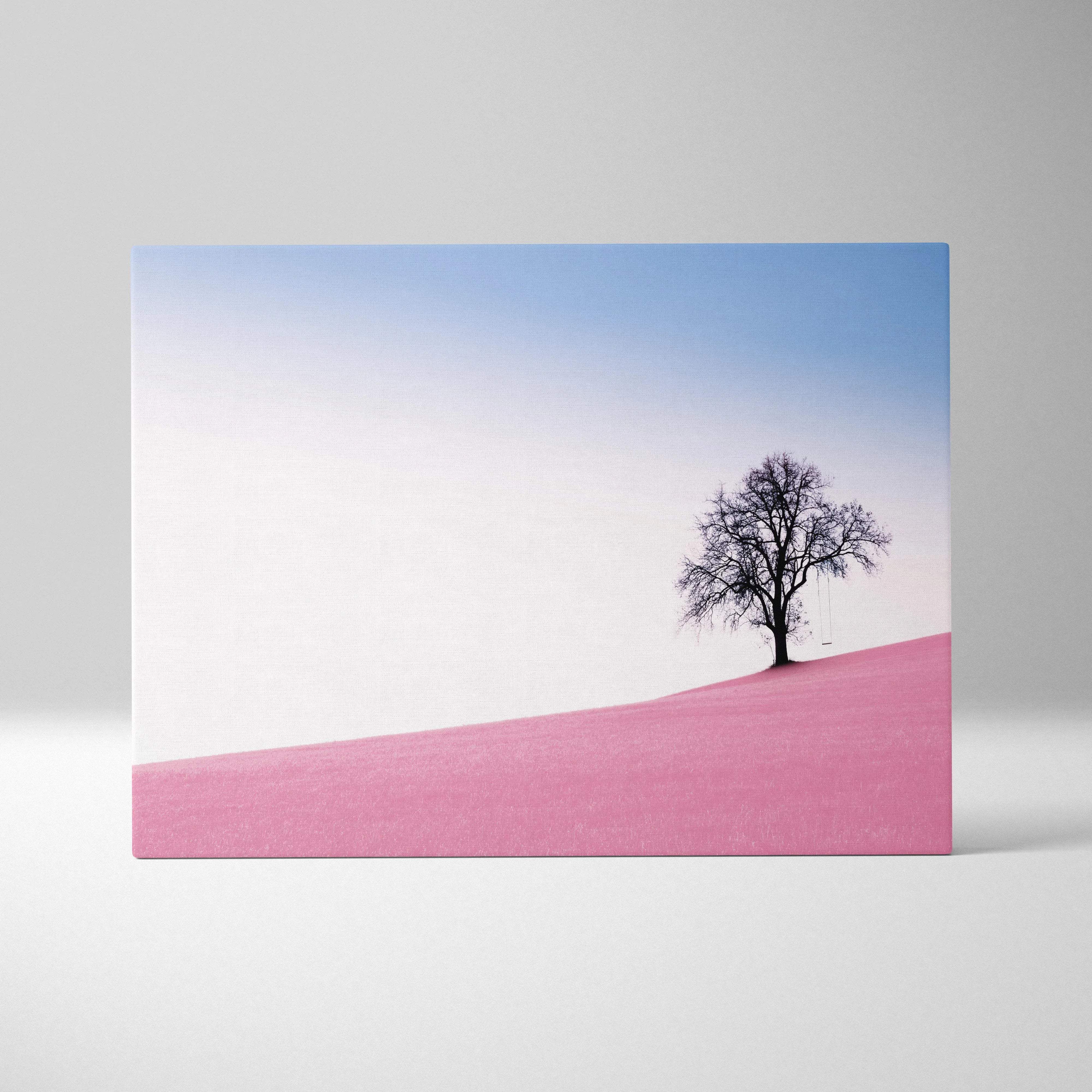 Minimalist canvas print of solitary tree on pink hill swing pastel landscape