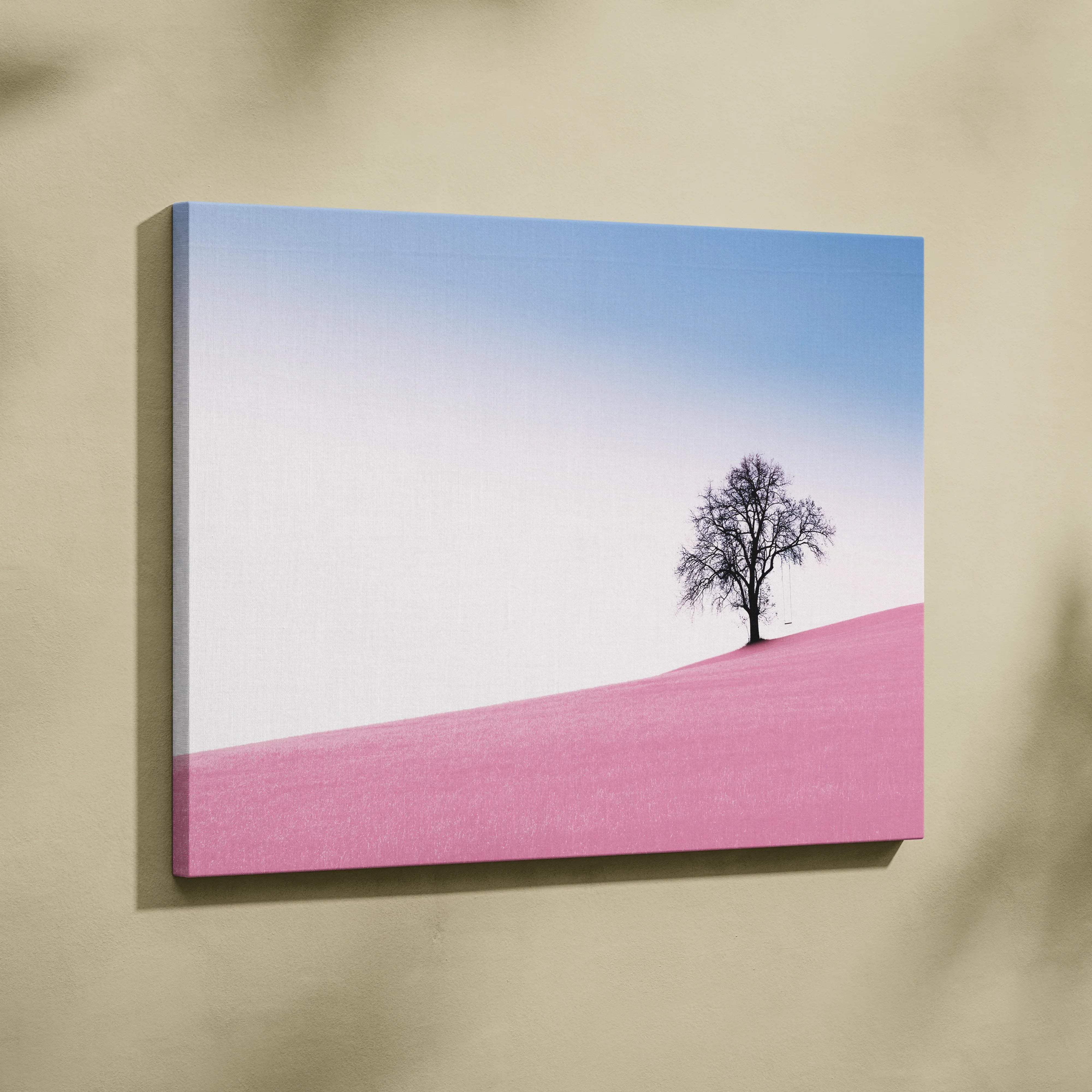 Minimalist canvas print of solitary tree on pink hill swing against pastel gradient sky