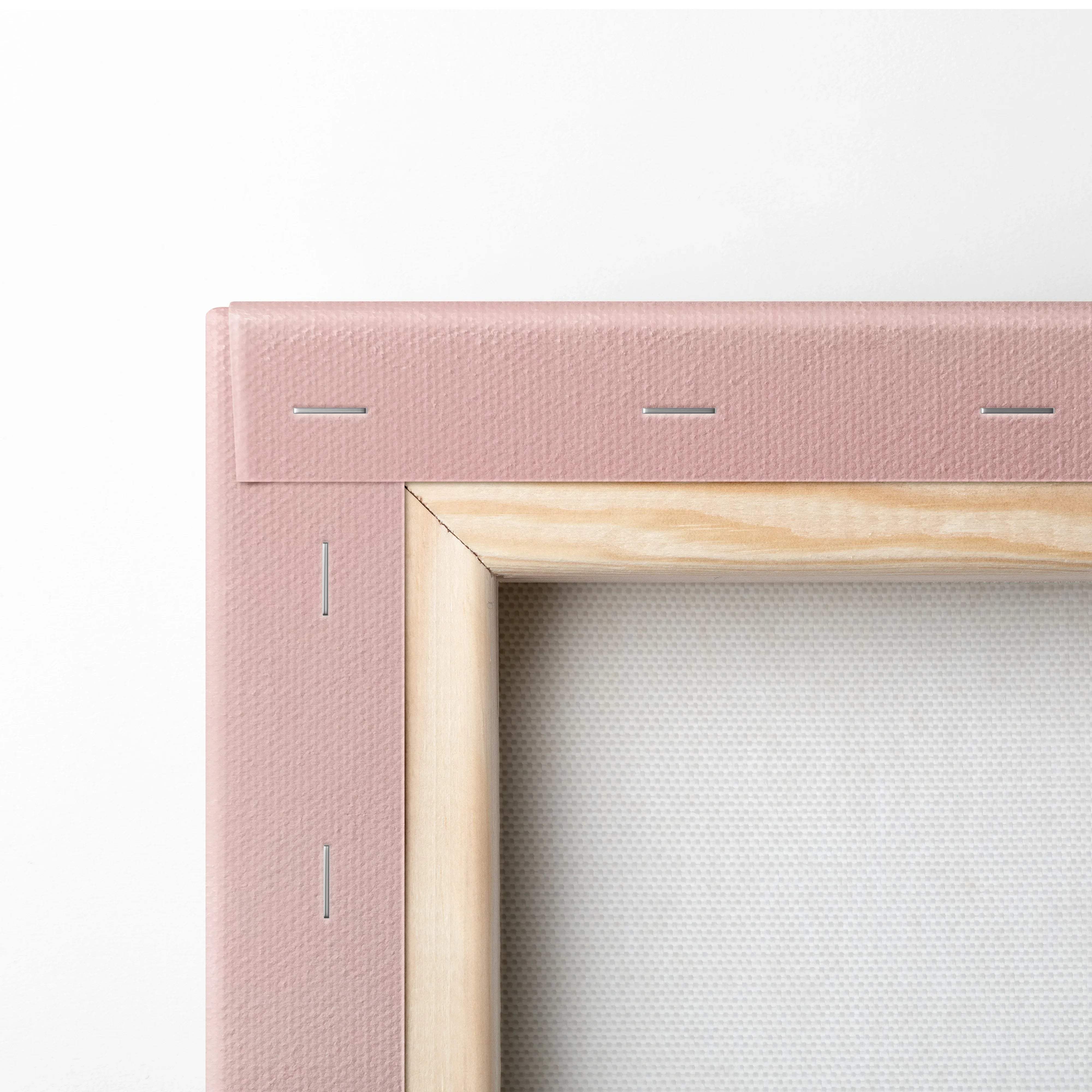 Pink textured canvas frame with light wood inner border for serene Japanese pagoda art
