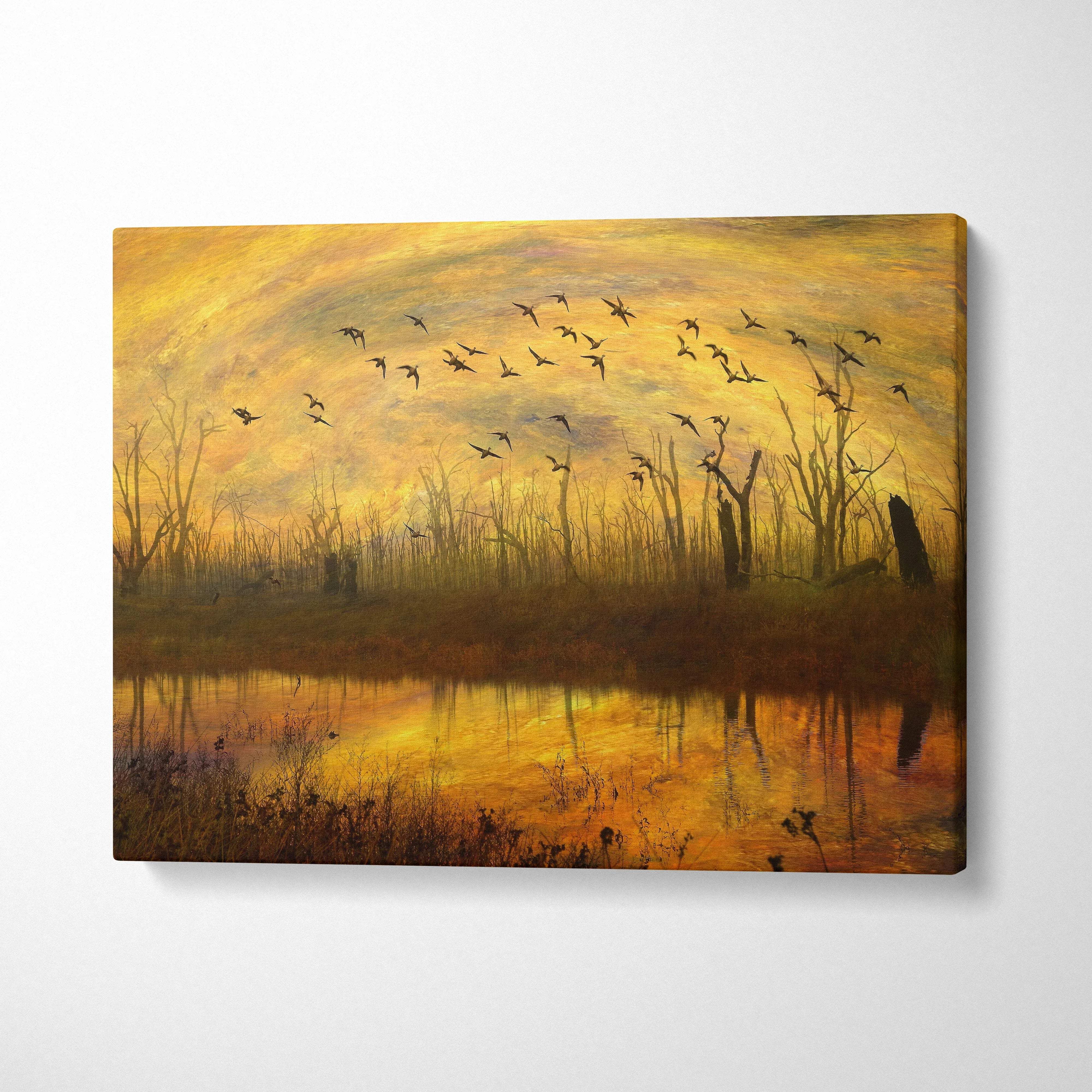 Moody golden sunset over misty swamp with birds canvas wall art