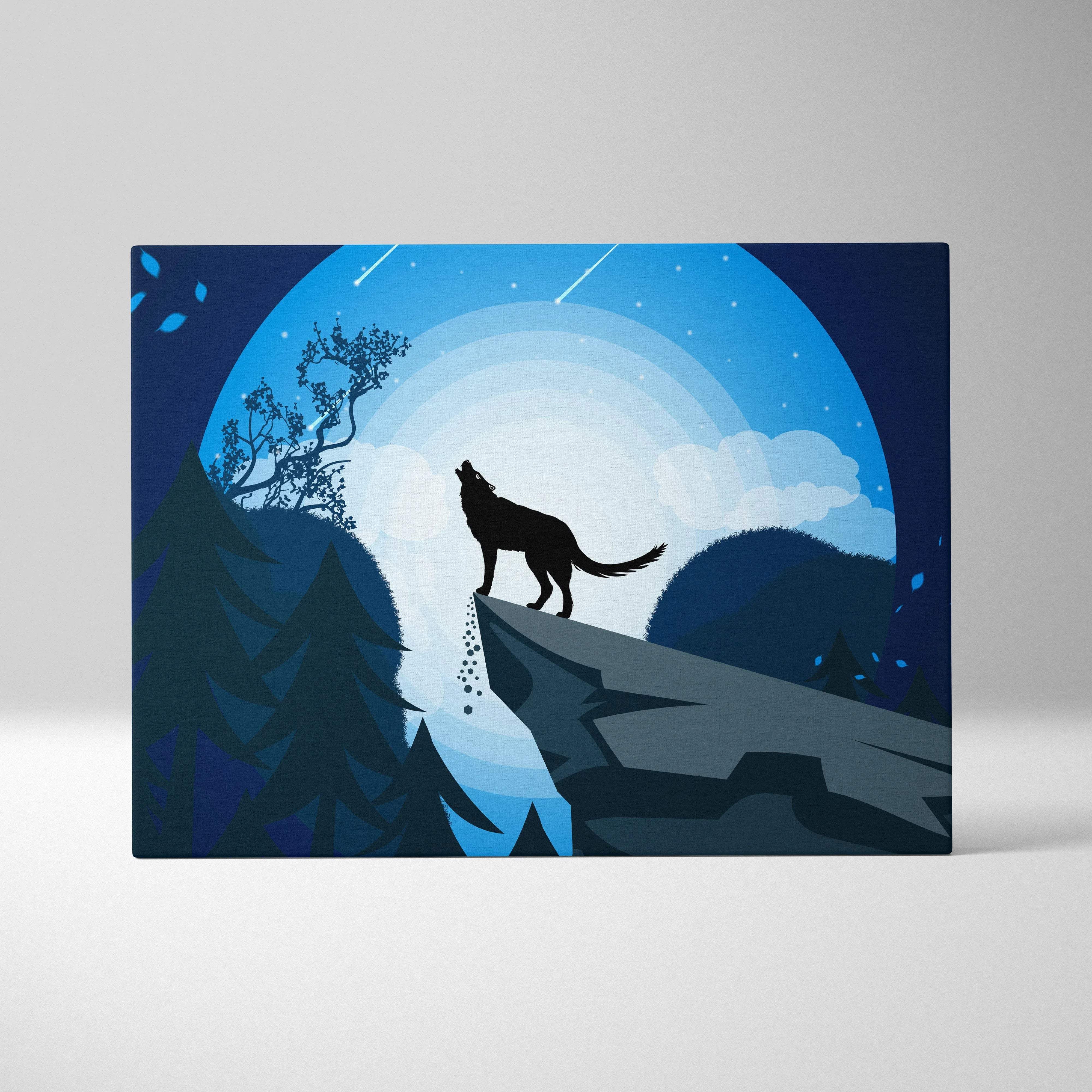 Howling wolf silhouette on cliff under full moon in deep blue mystic night sky canvas art
