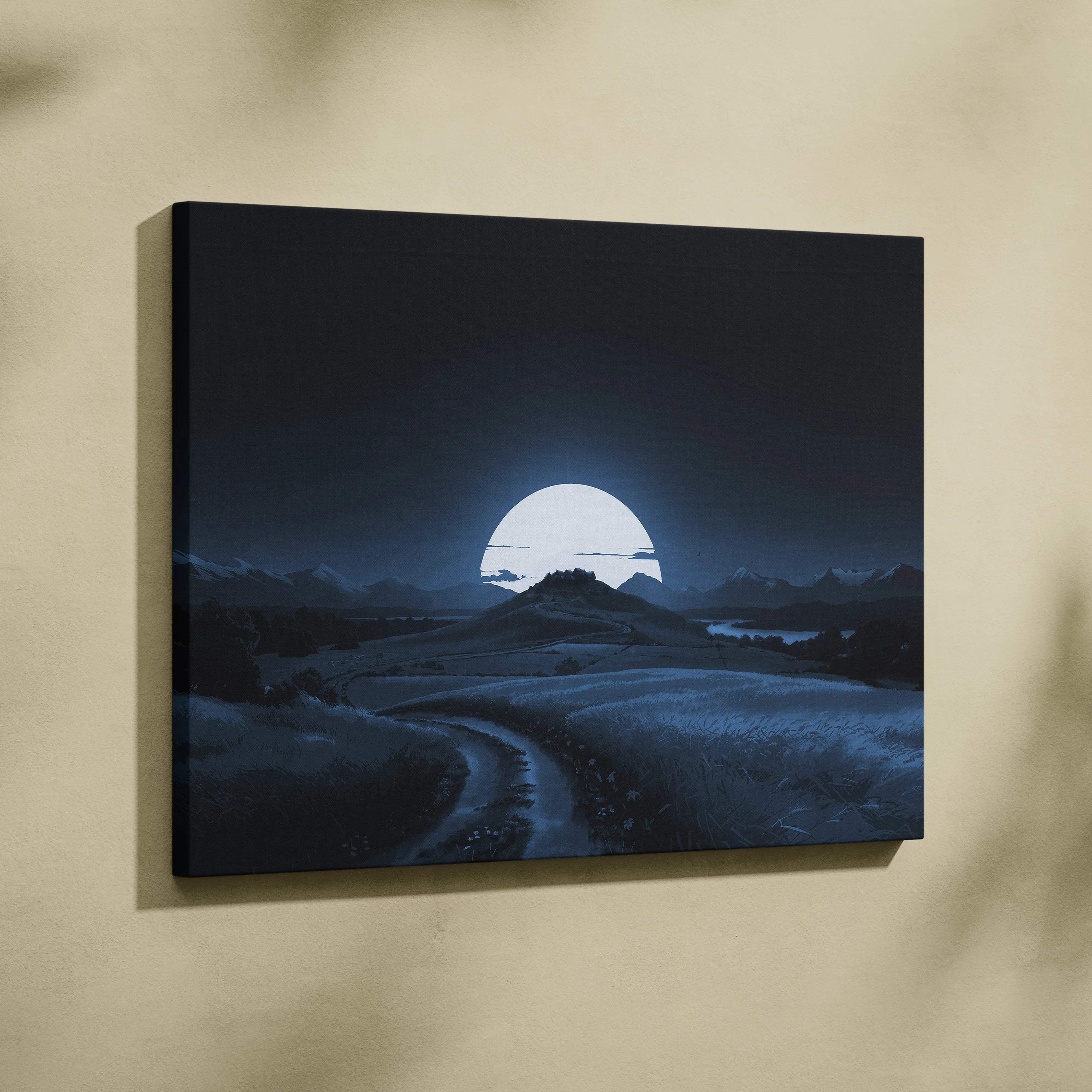 Moonlit countryside canvas art with glowing crescent moon, winding path, distant castle in deep blue monochrome