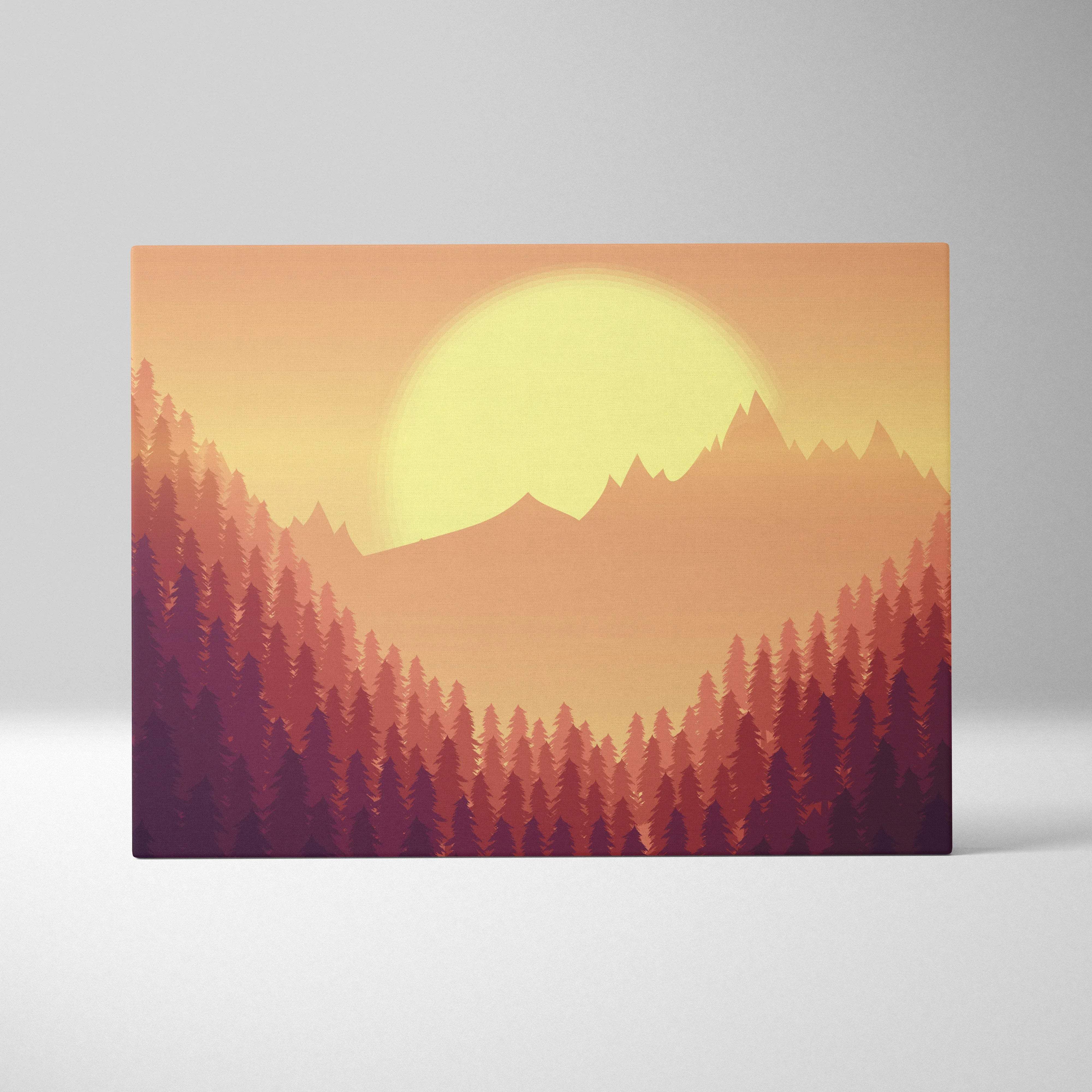 Minimalist forest sunset canvas art with layered pines and mountains